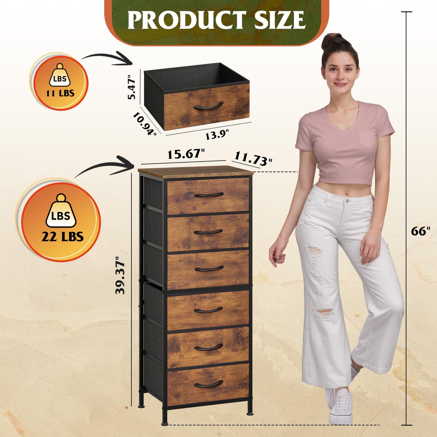 WLIVE Tall Dresser for Bedroom, 6 Drawer Dressers & Chests of Drawers, Fabric Dresser for Closet, Night Stand with Metal Frame, Storage Tower with Fabric Bins, Wood Top, Rustic Brown Wood Grain Print