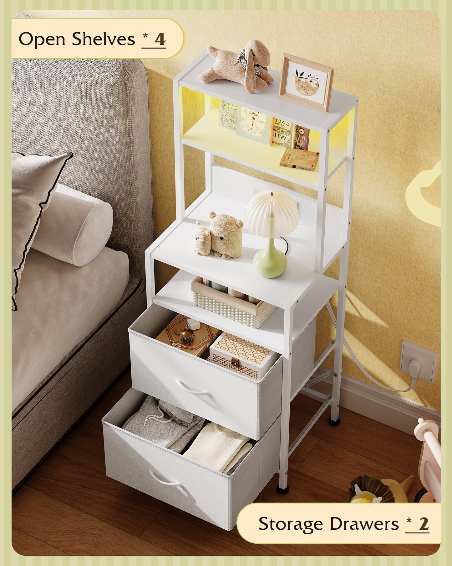 WLIVE Nightstand Set of 2 with Charging Station, LED Night Stands with 2 Fabric Drawers and 4 Storage Open Shelves, Bedside Table Sets for Bedroom, White