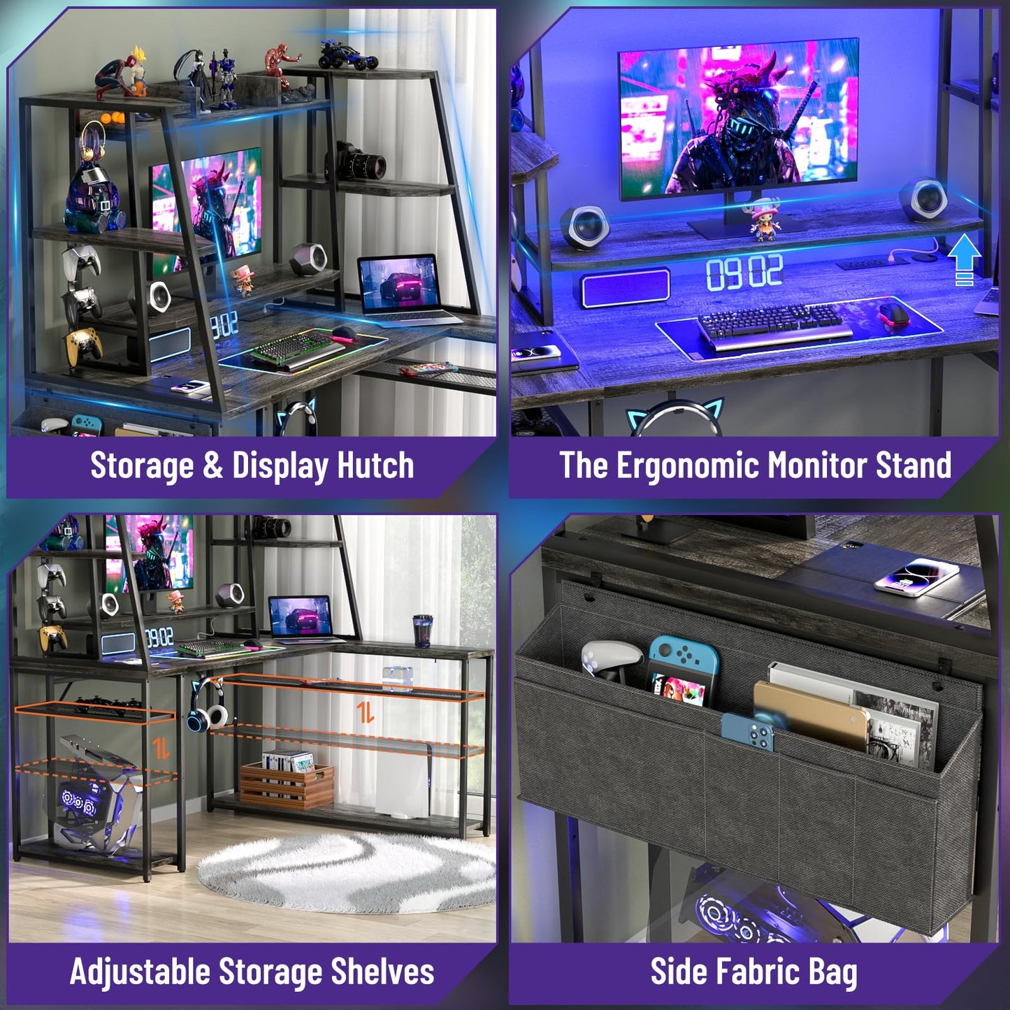 armocity L Shaped Gaming Desk with Hutch & Shelves, 47'' Gaming Computer Desk with LED Lights & Outlets, PC Gaming Desk with Storage & Monitor Stand, Grey Oak