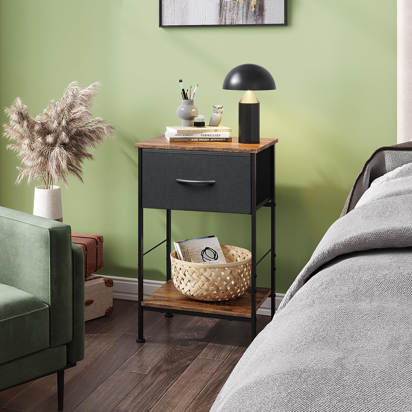 WLIVE Nightstand, End Table with Fabric Storage Drawer and Open Wood Shelf, Bedside Furniture with Steel Frame, Side Table for Bedroom, Dorm, Easy Assembly, Black and Rustic Brown, 25.0" Height