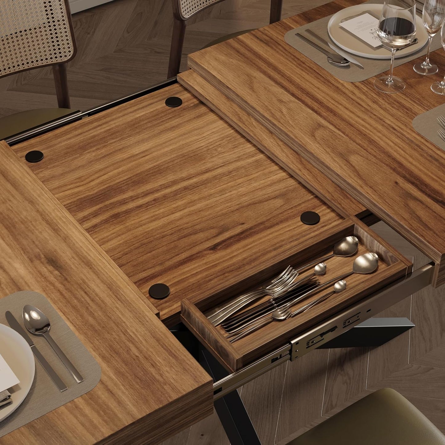 CayugaCrekrd 59"-78.7" Extendable Dining Table for 4 6 8 People, Wooden Kitchen Table with Hidden Storage, Dining Room Tables for Living Room, Kitchen, Brown