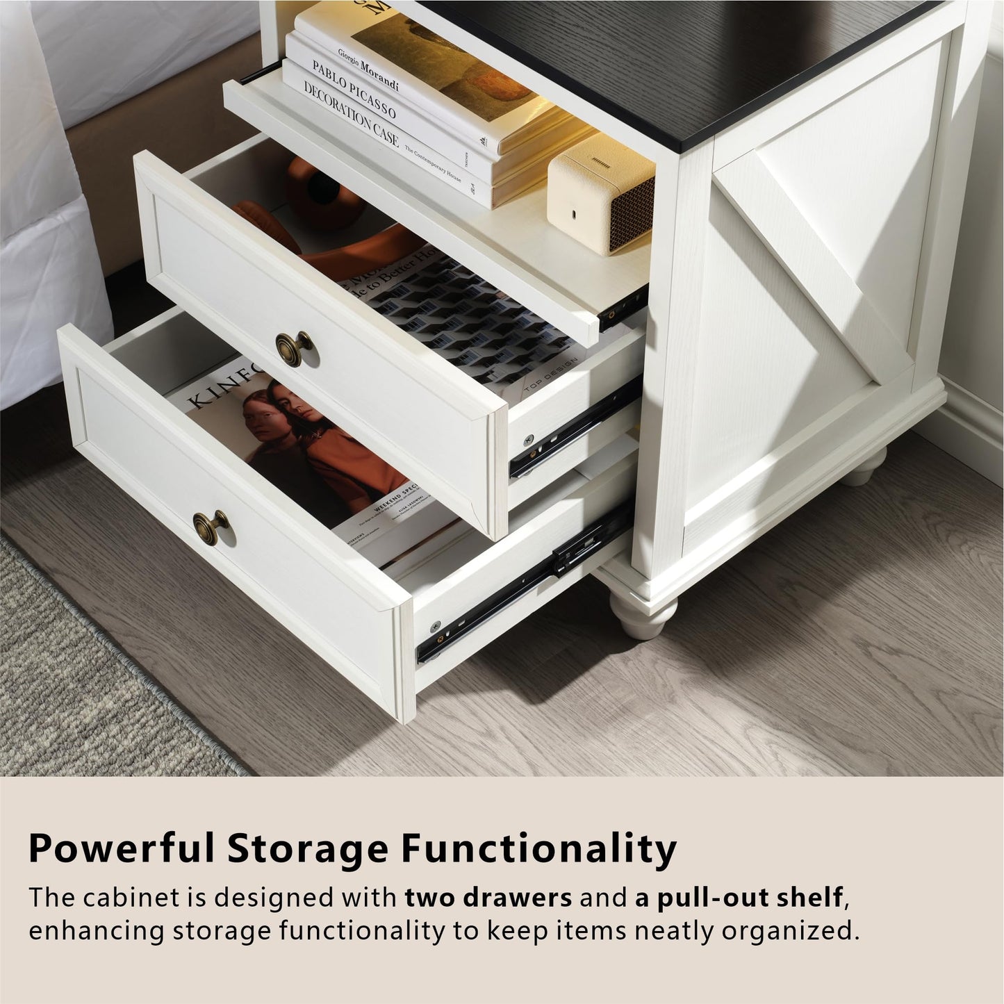 21" Farmhouse Nightstand with Charging Station,Classic American Style Bedside Table with 2 Drawers Storage,Pull-Out Tray,3-color LED lighting,End Table for Bedroom or Living Room,Bedside Cabinet,White