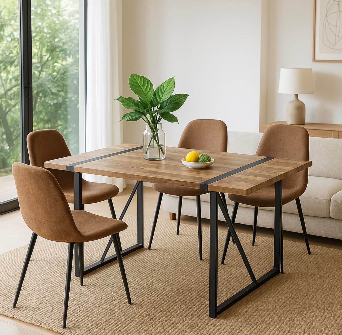 5 Piece Dining Table Set for 4, 55" Rustic Dinner Table Set for 4 with Rectangular Wood Table and 4 Suede Chairs, Modern Kitchen Table and Chairs Set of 4, Suitable for Living Dining Room Apartment