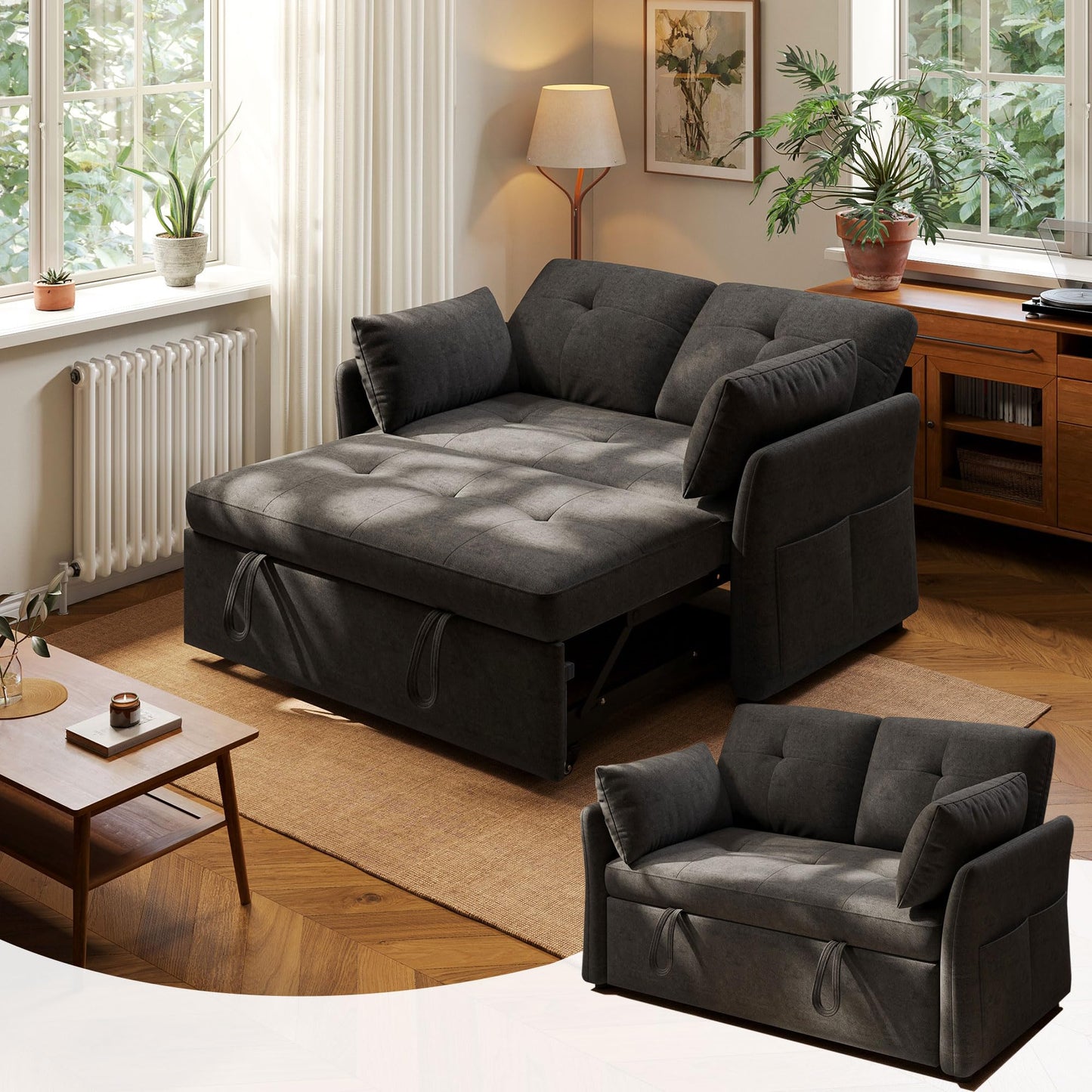 DEYGIA 3 in 1 Convertible Sleeper Sofa Bed, 53" Pull Out Couch with Adjustable Backrest,Storage Pockets and Toolless Assembly. Futon Couch for Living Room, Bedroom. (Black)