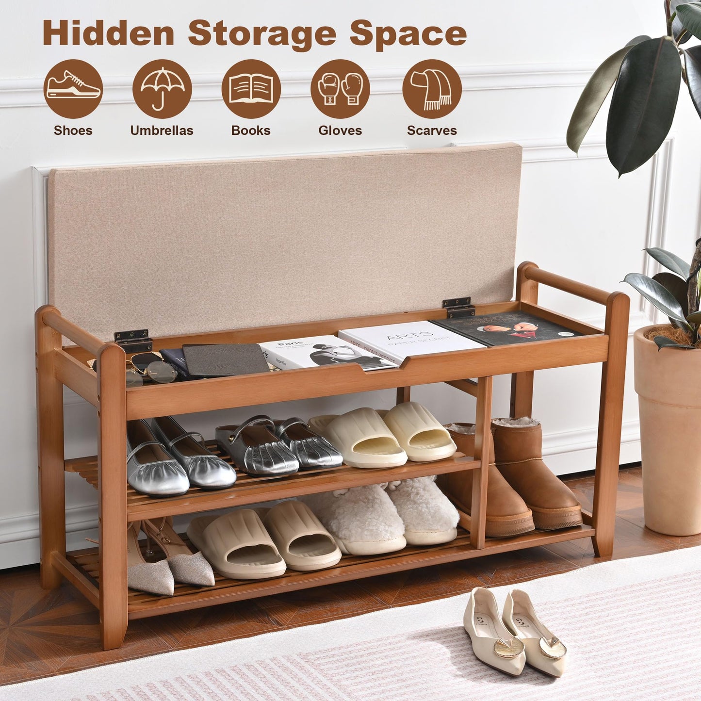 39.4in Shoe Rack Bench, Shoe Storage Bench with Lift Top Hidden Storage, Entryway Bench Holds Up to 330lb for Bedroom Living Room