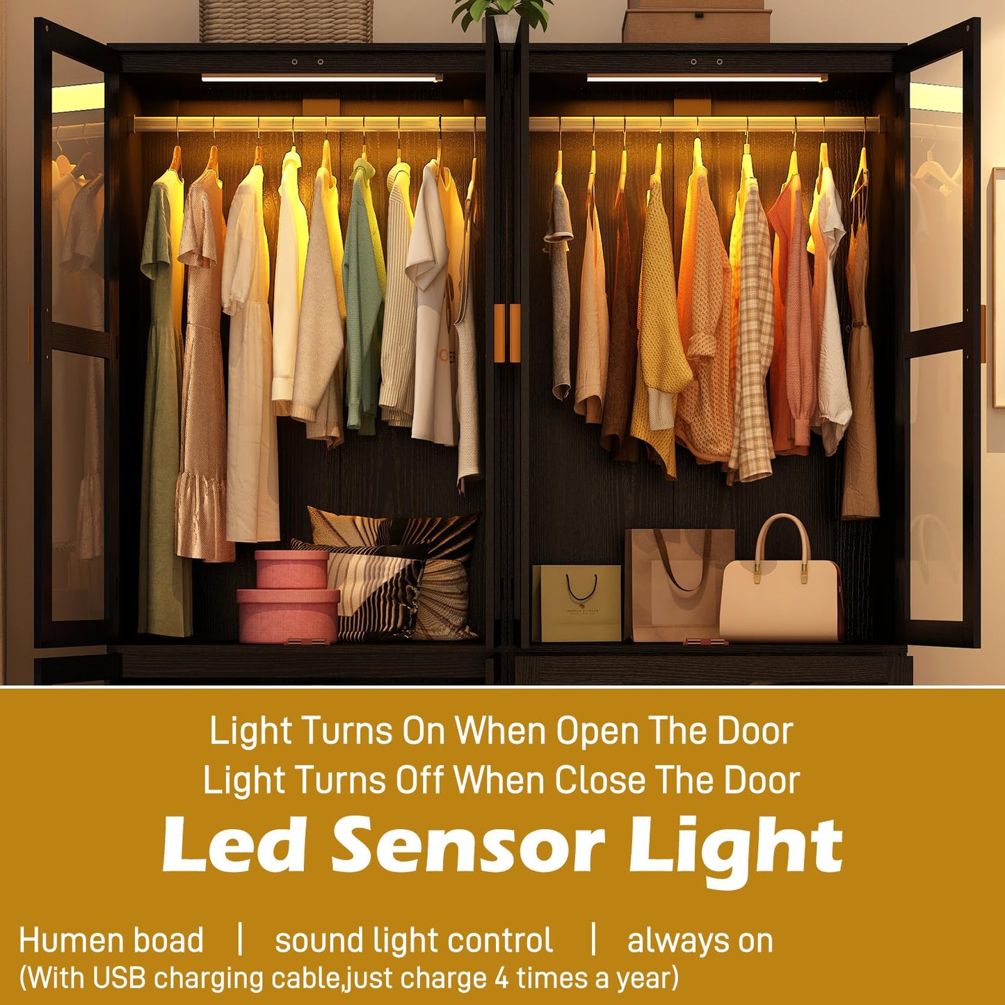 4 Doors Armoire Wardrobe Closet with LED and Mirror,71" H Freestanding Wooden Wardrobe Closet Cabinet for Bedroom w 2 Drawers,Wooden Clothing Storage Cabinet w Hanging Rod,Closets for Bedroom(Black)