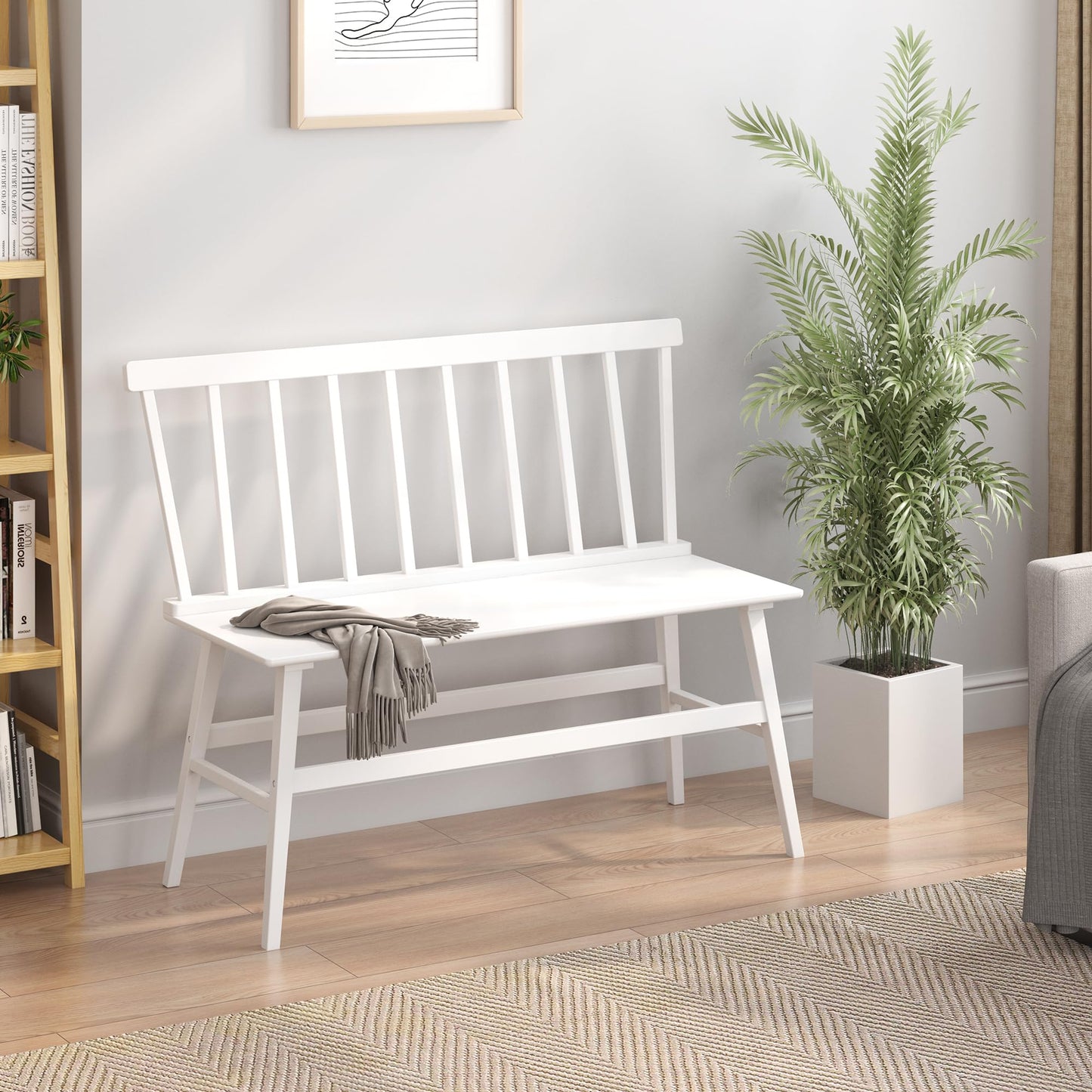 Wisuce Essentials Bamboo Dining Bench, Black Entryway Bench with Spindle Back Farmhouse Wood Windsor for Foyer Balcony Living Room (White)