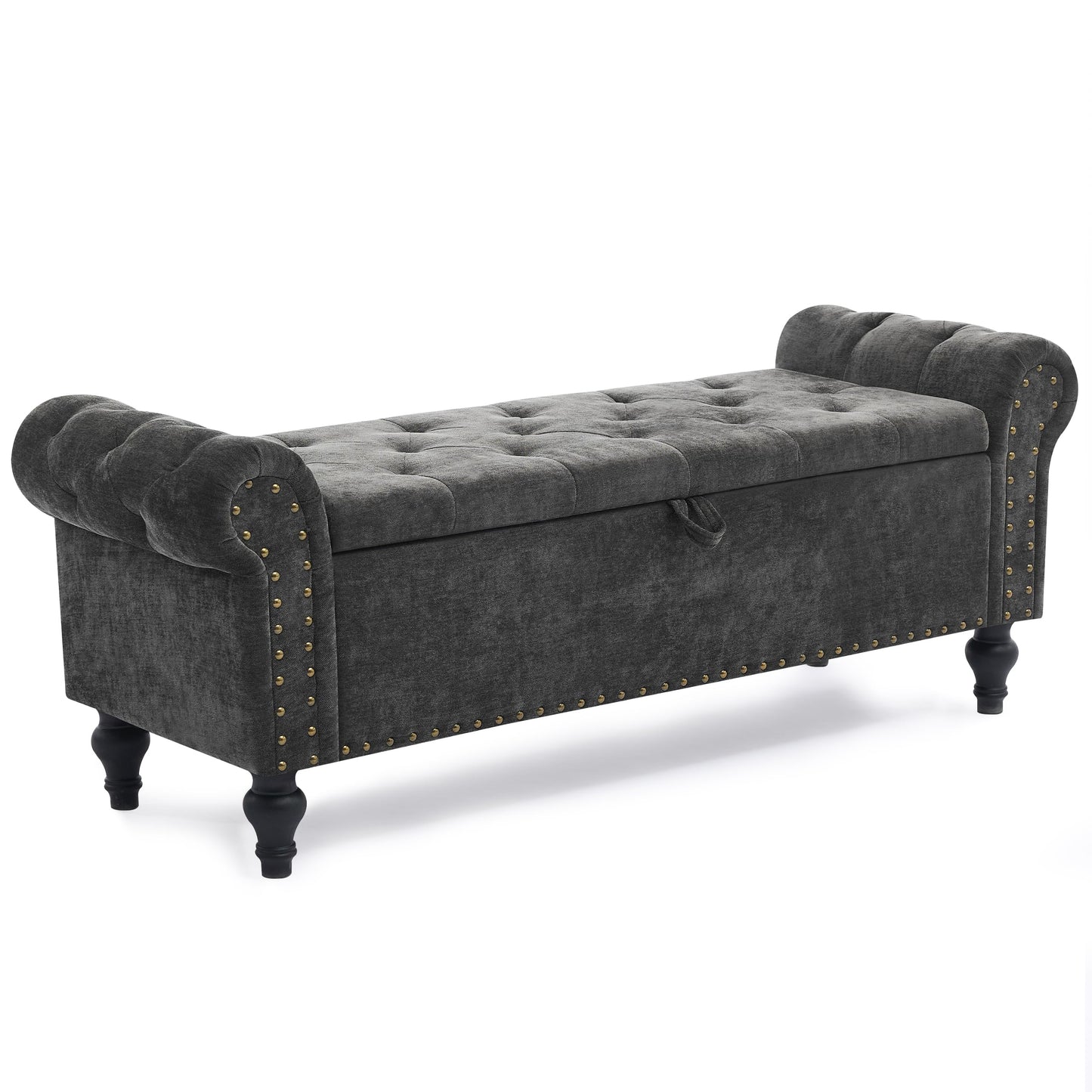 51" Bedroom Storage Bench, End of Bed Bench with Storage, Chenille Upholstered Benches, Ottoman with storage, Window Benches with Rolled Arm and Nailhead Trim for Living Room, Entryway, Dark Gray