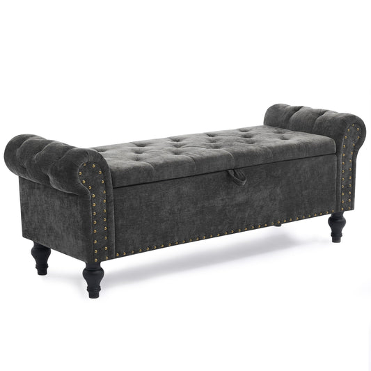 51" Bedroom Storage Bench, End of Bed Bench with Storage, Chenille Upholstered Benches, Ottoman with storage, Window Benches with Rolled Arm and Nailhead Trim for Living Room, Entryway, Dark Gray