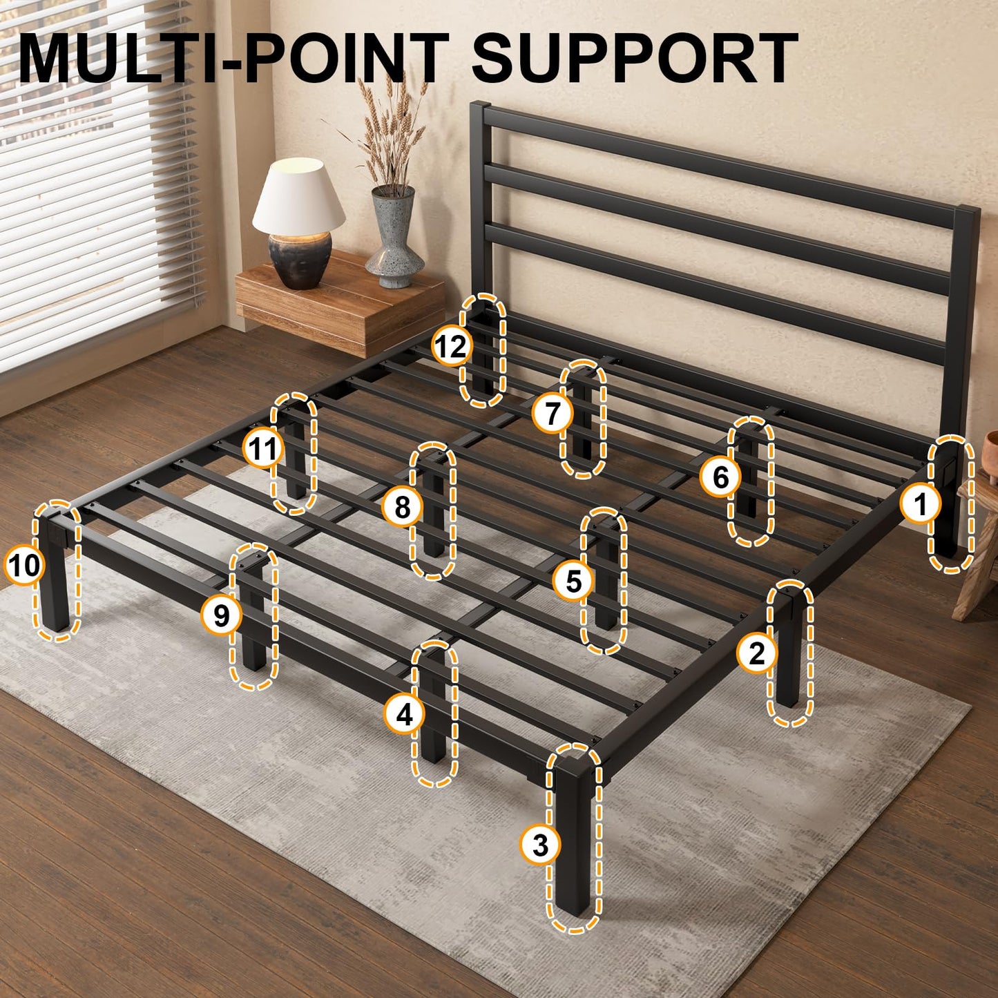 E-Motie King Size Bed Frame, Metal Platform Bed Frame with Headboard, Mattress Foundation with Spacious Underbed Storage, No Box Spring Needed, Easy Assembly, Modern, Black