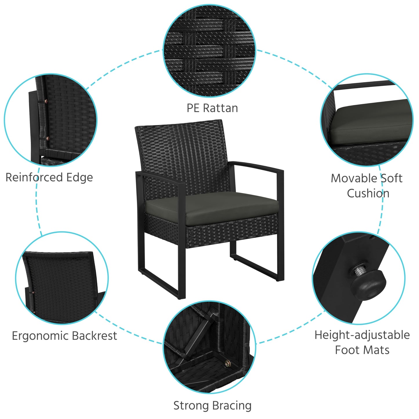 Yaheetech 3 Pieces Rattan Bistro Set, Indoor/Outdoor Wicker Patio Modern Conversation Furniture, 2 Chairs & Tempered Glass Coffee Table for Garden, Balcony, Backyard, Poolside, Black/Gray