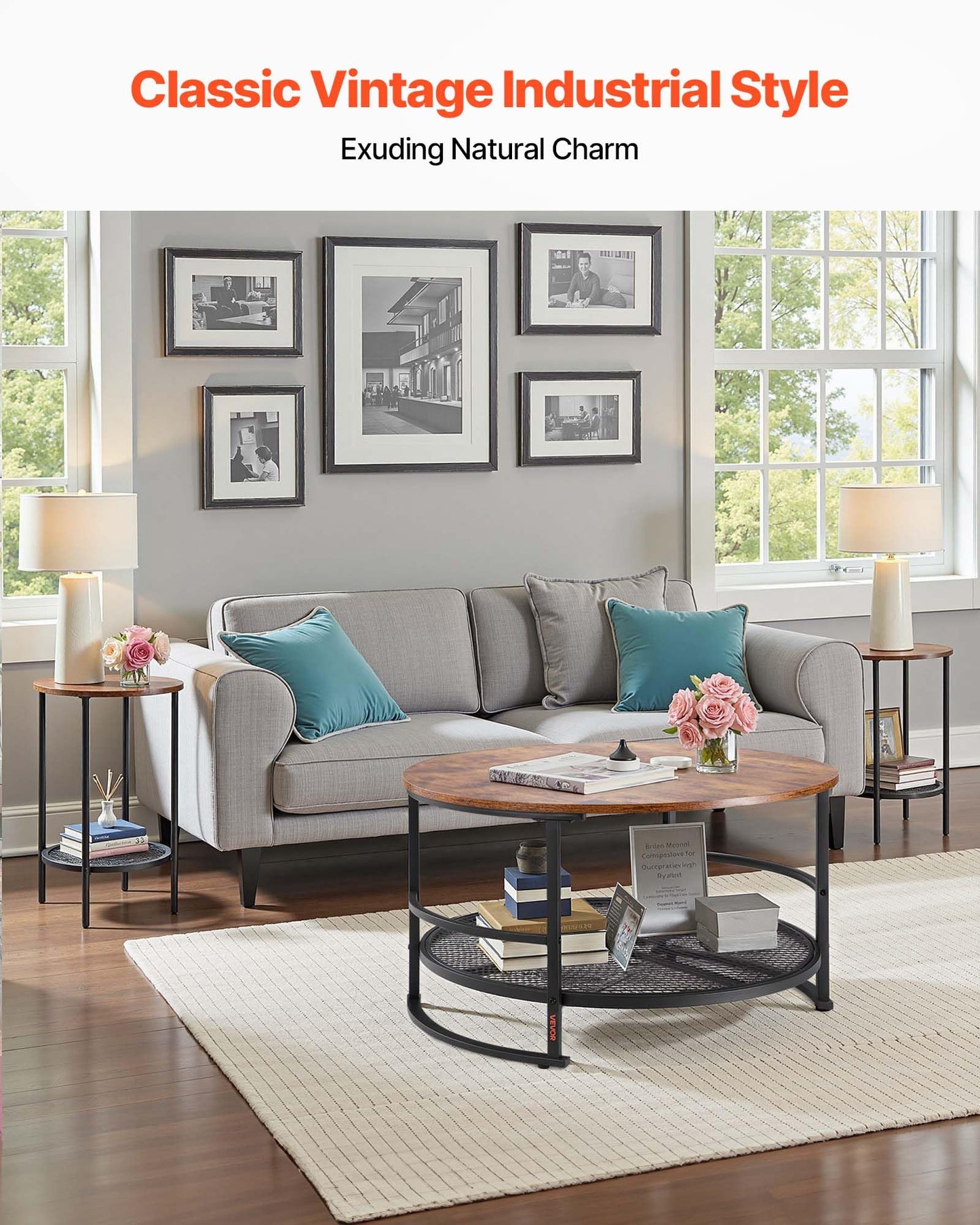 VEVOR 3 Pieces Round Coffee Table Sets, 31.5 in Industrial Living Room Table with 2 End Side Tables, Easy Assembly Coffee and End Tables Sets with Metal Legs, for Office, Living Room and Apartment