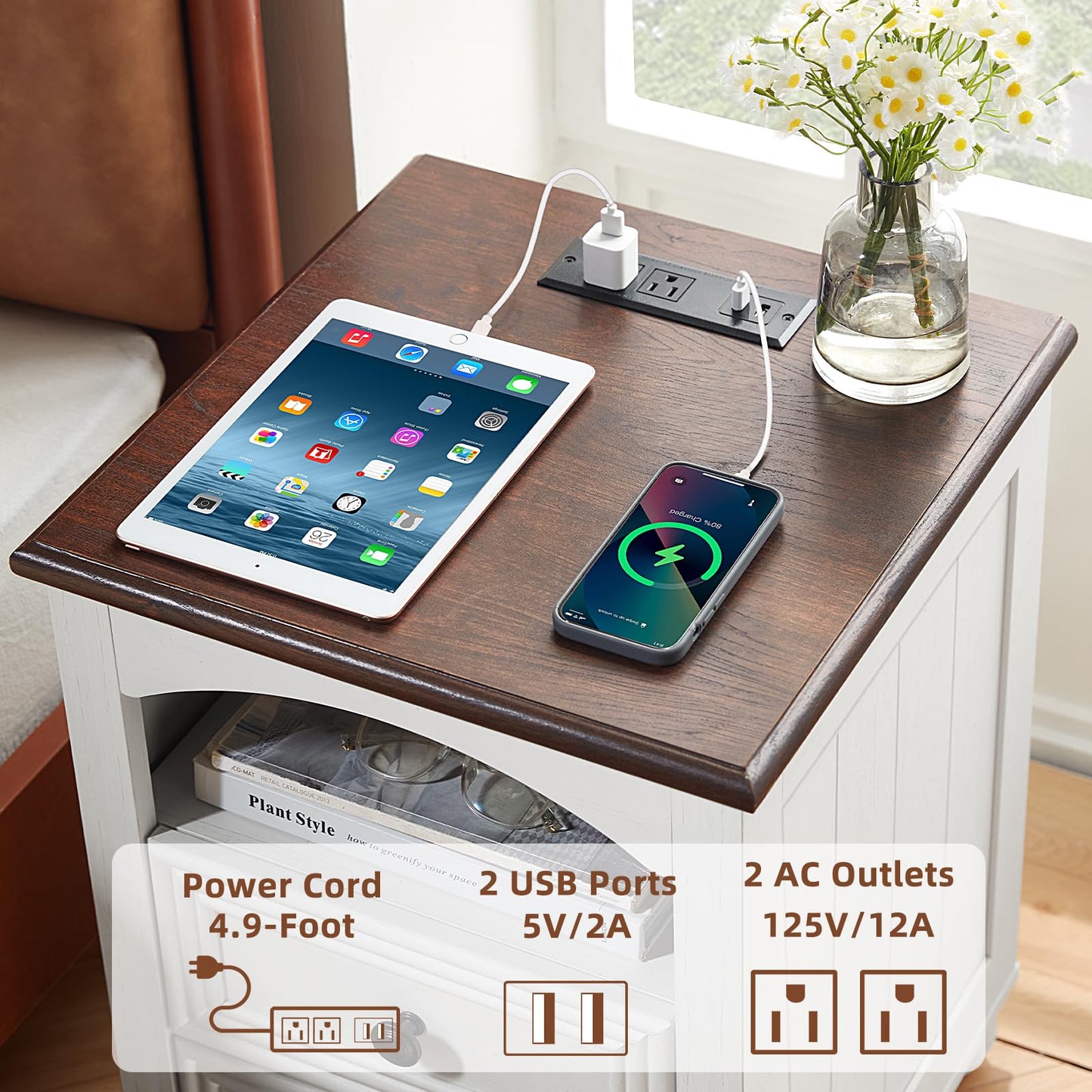 18" Farmhouse Night Stands Set of 2 with Charging Station, Wooden Nightstand with 2 Drawers, Bedside End Table with Storage, Bed Side Tables Cabinet for Bedroom, Living Room, and Closet(White)