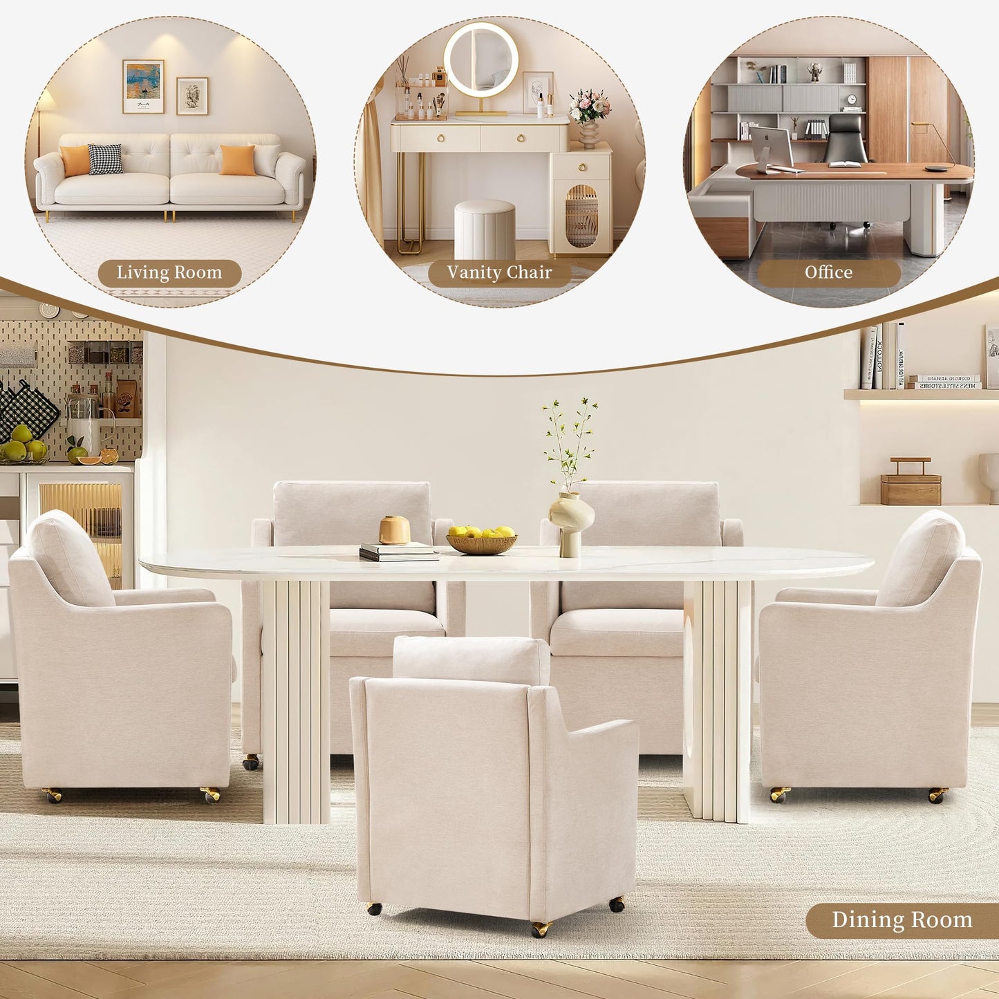 VIKAYAMICS Modern Dining Chair, Linen Upholstered Dining Chairs with Back Pillow and 4 Casters, Accent Armchair for Reading Room Living Room Bedroom