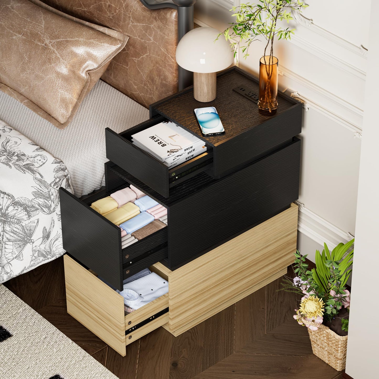 UEV End Table with Charging Station,Narrow Side Table for Living Room,Nightstand with Drawers and Storage,Sofa Side Table with USB Ports and Power Outlets for Living Room and Bedroom,Black and Brown