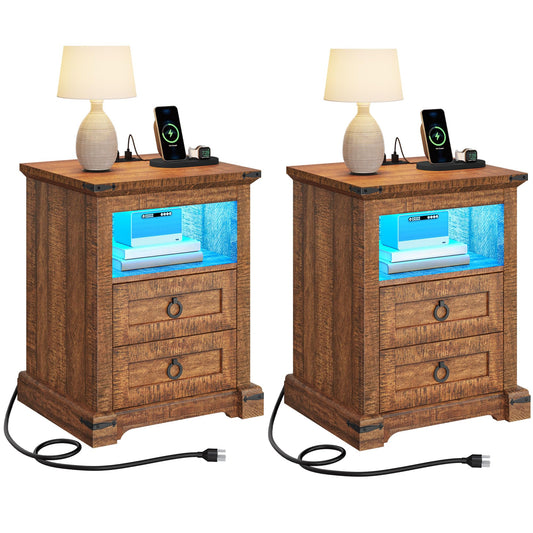 YITAHOME Nightstand Set of 2, Farmhouse Night Stand with Charging Station ＆ 2 Drawers for Bedroom, LED Lights, Heavy Duty End Table Side Table w/Open Shelf, Retro Brown