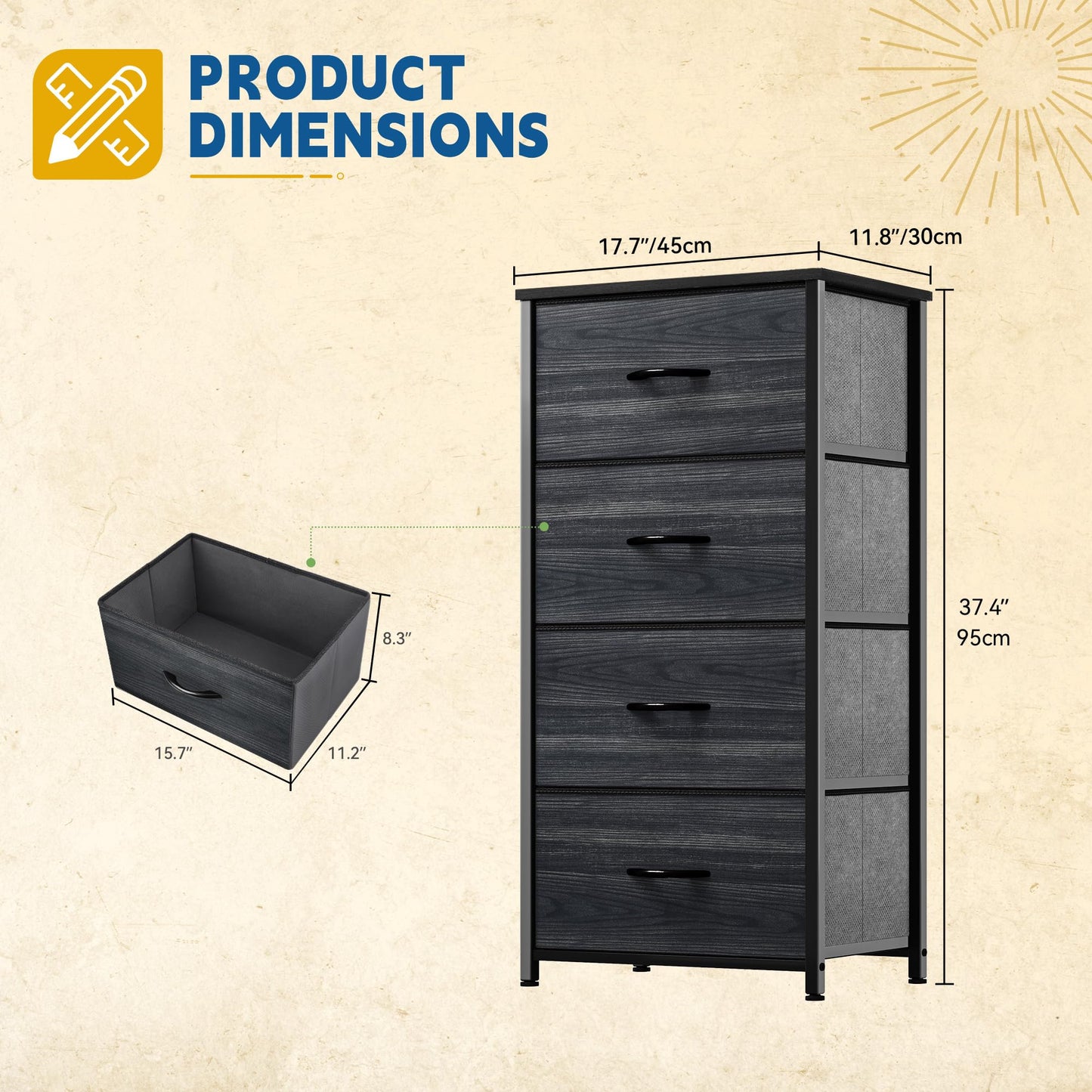 DWVO 4 Drawers Dresser, Dresser for Bedroom, Fabric Storage Tower, Chest of Drawers, Organizer Unit for Closets, Living Room, Sturdy Steel Frame, Wooden Top, Easy Pull Fabric Bins