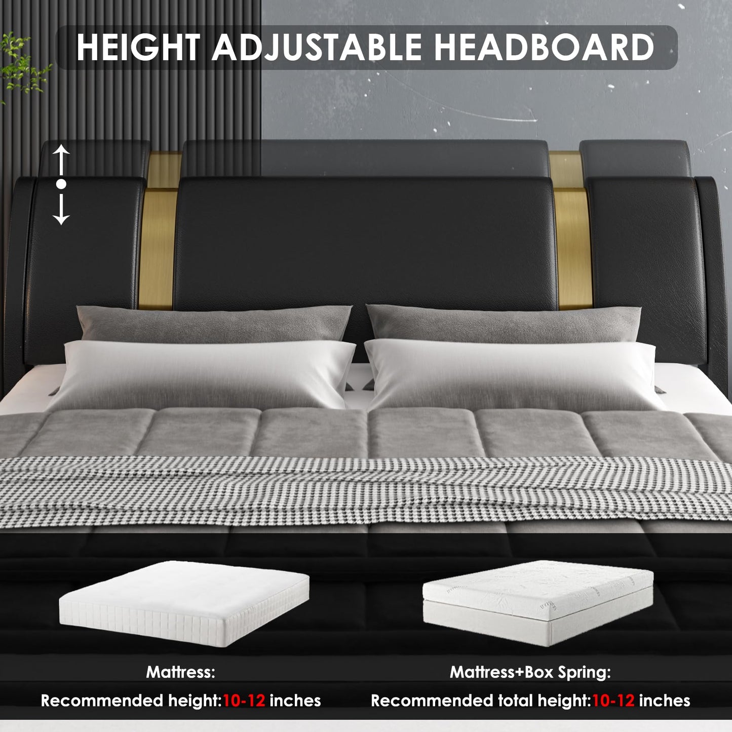 TTVIEW Modern Faux Leather Upholstered Platform Bed Frame with Golden Iron Metal Decor, Adjustable Curved Headboard, Wooden Slats Support, No Box Spring Needed, Queen Size, Black