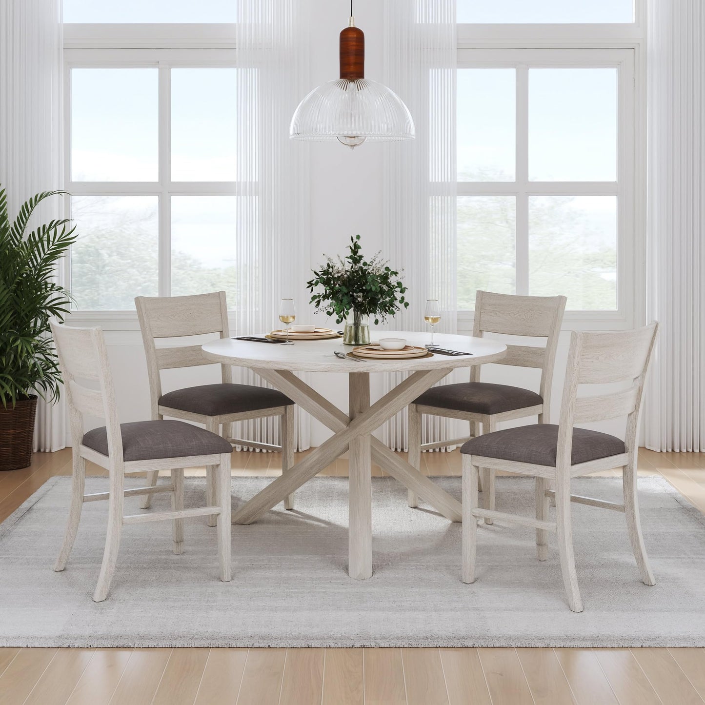 VECELO Peatuk 4-Piece Solid Wood Dining Table Set for 4-6, Modern Breakfast Dinette Kitchen Table with Chairs for Dining Room, Kitchen, Grey