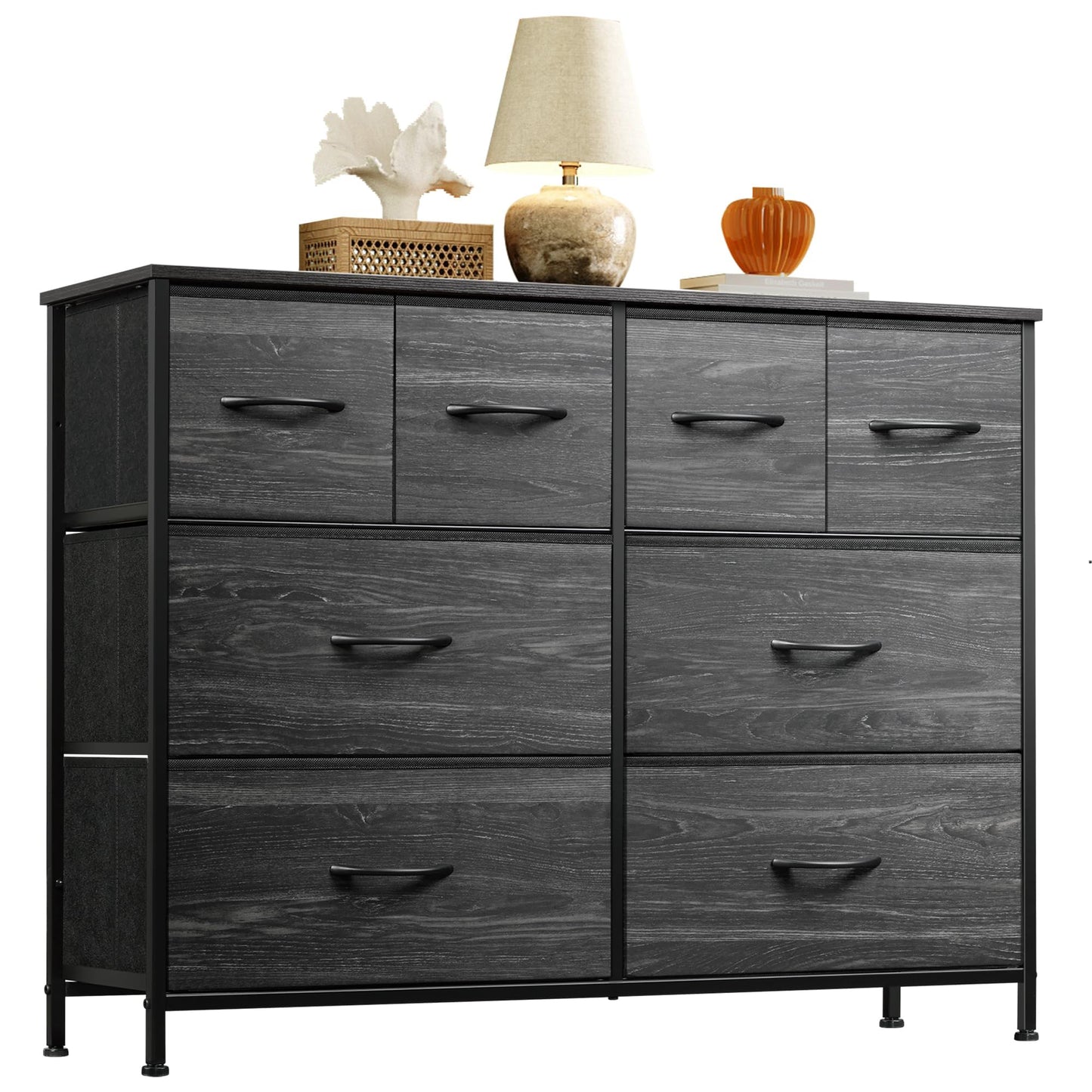 WLIVE Dresser for Bedroom with 8 Drawers, Wide Fabric Dresser for Storage and Organization, Bedroom Dressers, Chest of Drawers for Living Room, Closet, Hallway, Charcoal Black Wood Grain Print