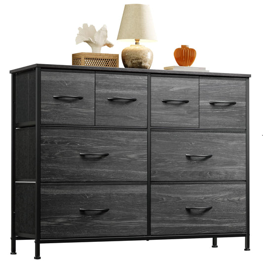 WLIVE Dresser for Bedroom with 8 Drawers, Wide Fabric Dresser for Storage and Organization, Bedroom Dressers, Chest of Drawers for Living Room, Closet, Hallway, Charcoal Black Wood Grain Print