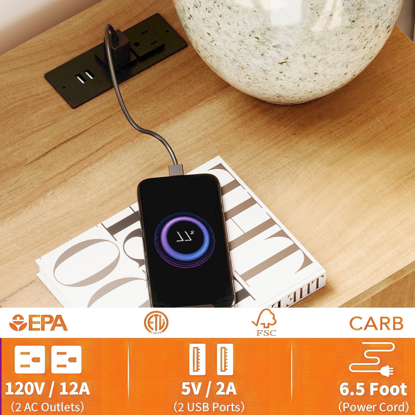 WAMPAT Fluted Nightstand with Charging Station,19.1" W Mid Century Modern Night Stands, Wood Side End Table with 2 Drawers, Wood Bedside Table with Metal Legs for Bedroom,Living Room, Oak (1)