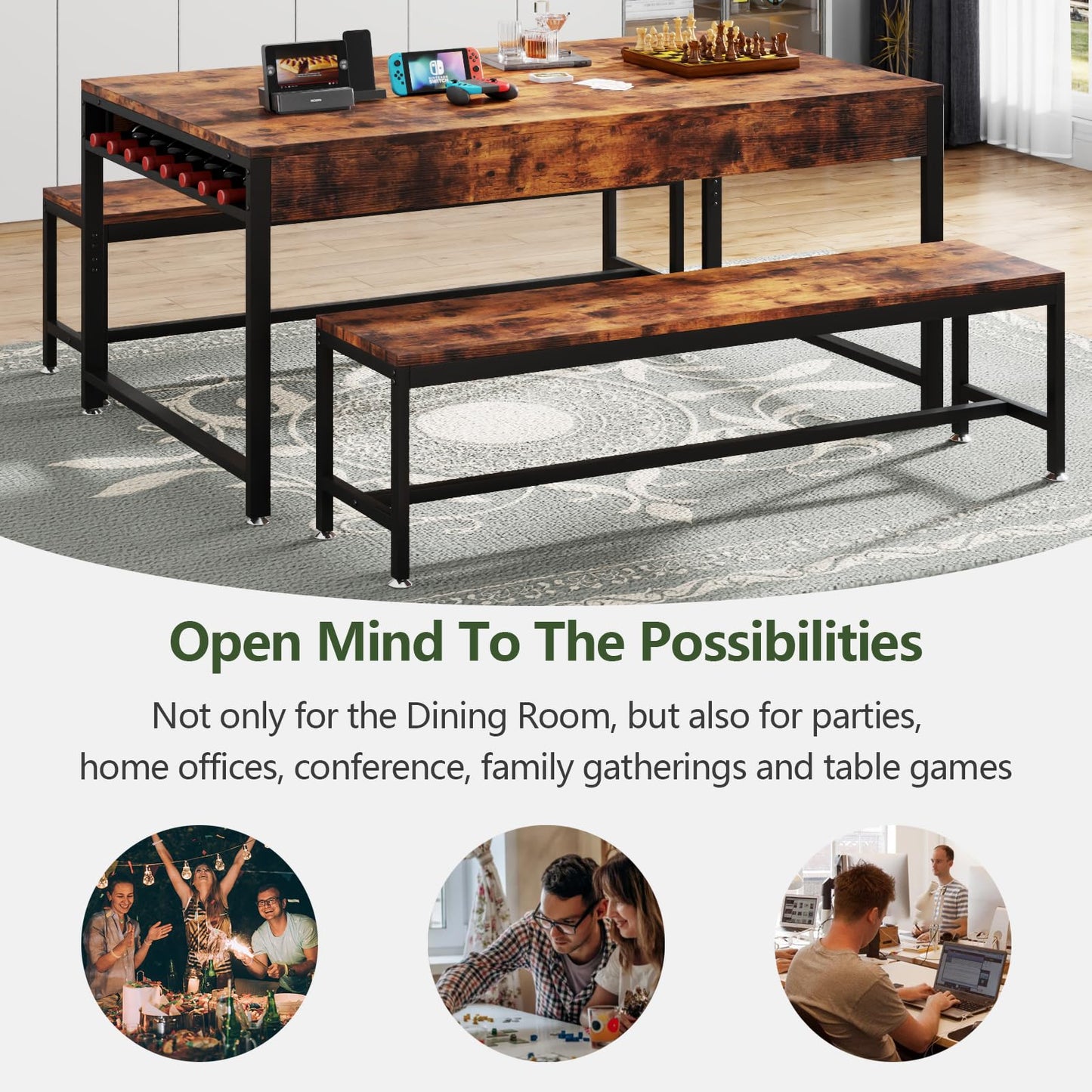 63" Kitchen and Dining Table Set for 6, 3-Piece Dining Room Table with 2 Long Benches, Kitchen Dinner Tables Set with Storage Drawer, Breakfast Nook Tables with Wine Rack, Space Saving Design (Rustic)