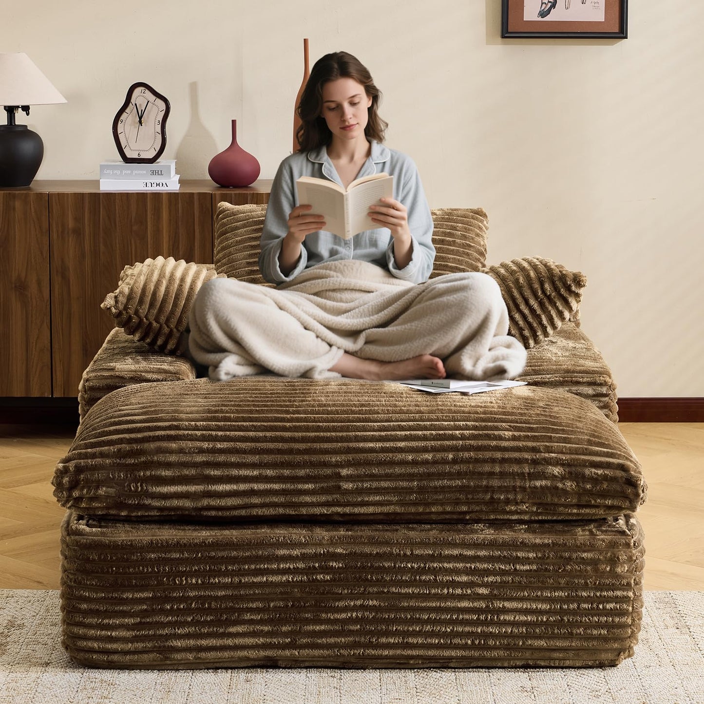 67" Boneless Chaise Lounge Chair Indoor, Oversized Corduroy Upholstered Sofa Bed, Deep Seat Sleeper Couch Reading Chairs Cloud Sofas Couches for Living Room Bedroom, No Assembly Required, Brown