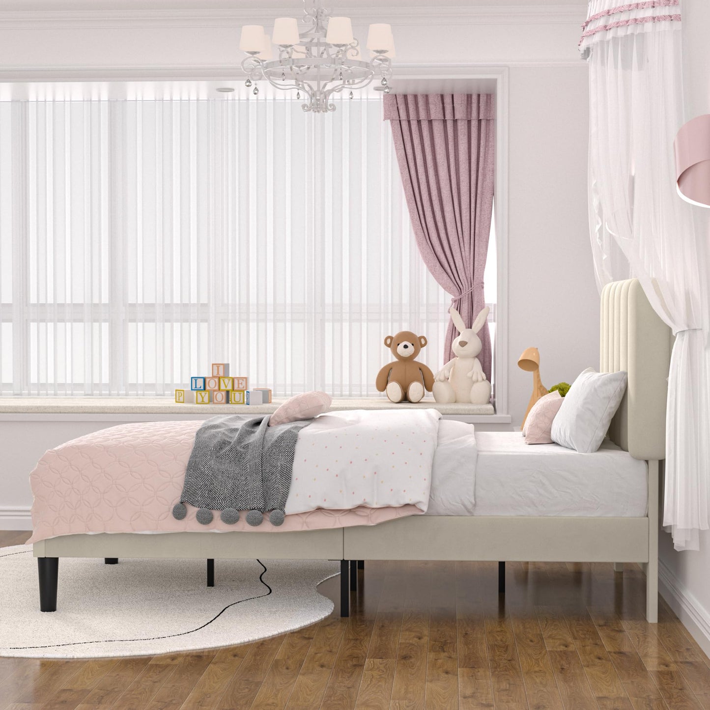 VECELO Twin Size Bed Frame with Upholstered Headboard, Velvet Platform Bedframe Mattress Foundation, Strong Wood Slat Support, No Box Spring Needed,Velvet Beige