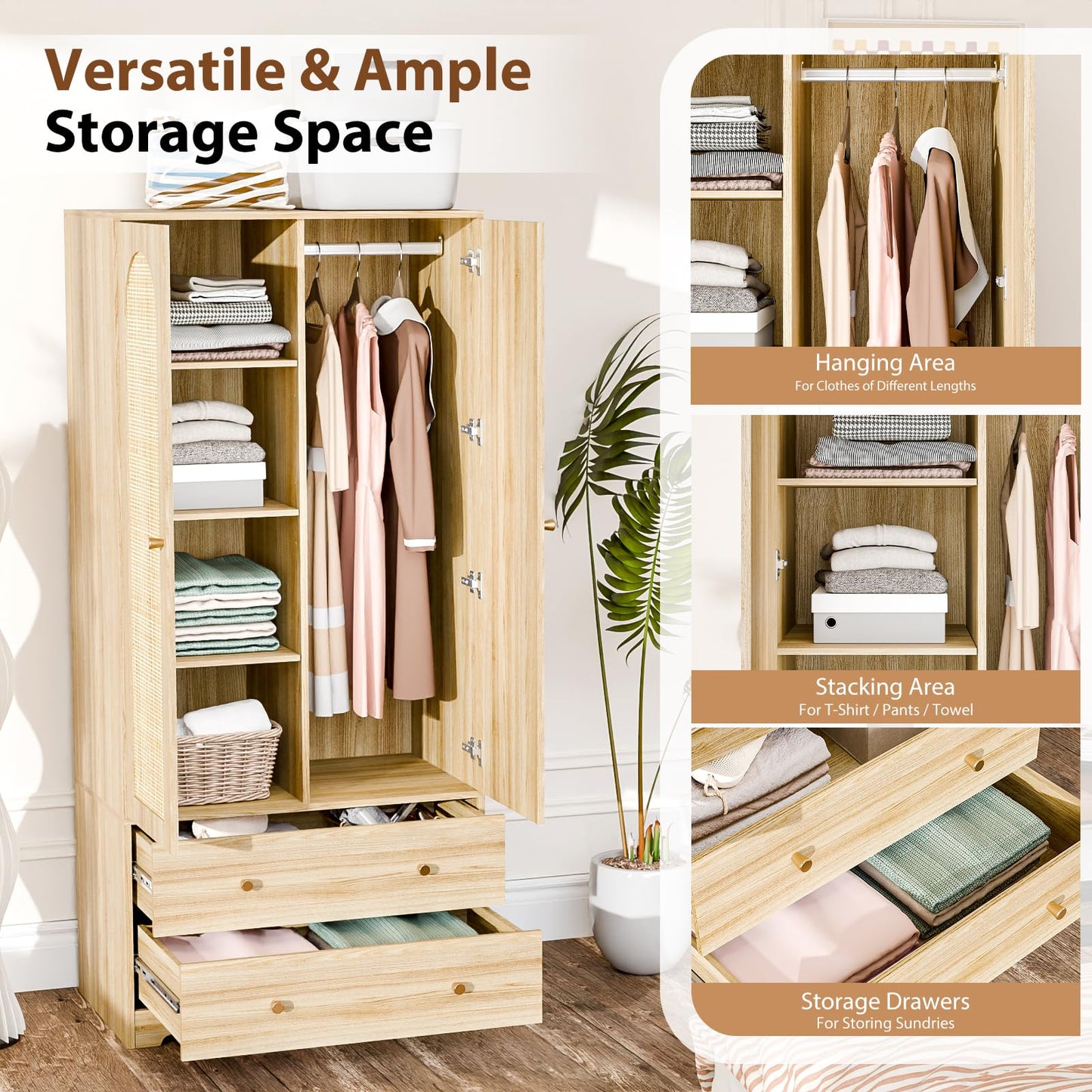 VINGLI Wardrobe Closet with Doors, Rattan Armoire Wardrobe Closet with Drawers & Hanging Rod, Wooden Armoire for Hanging Clothes, Natural Oak, 68.9" H