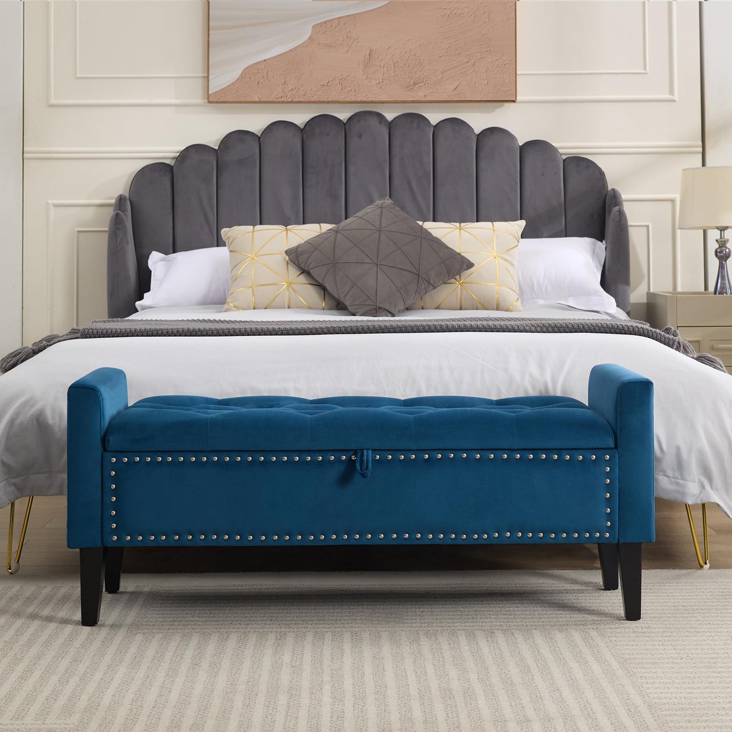 WUTUTUEE 47" Velvet Storage Bench, Upholstered Bed Bench with Storage, End of Bed Ottoman with Wooden Legs,Bedside Storage Bench for Bedroom, Living Room, or Entryway, Blue