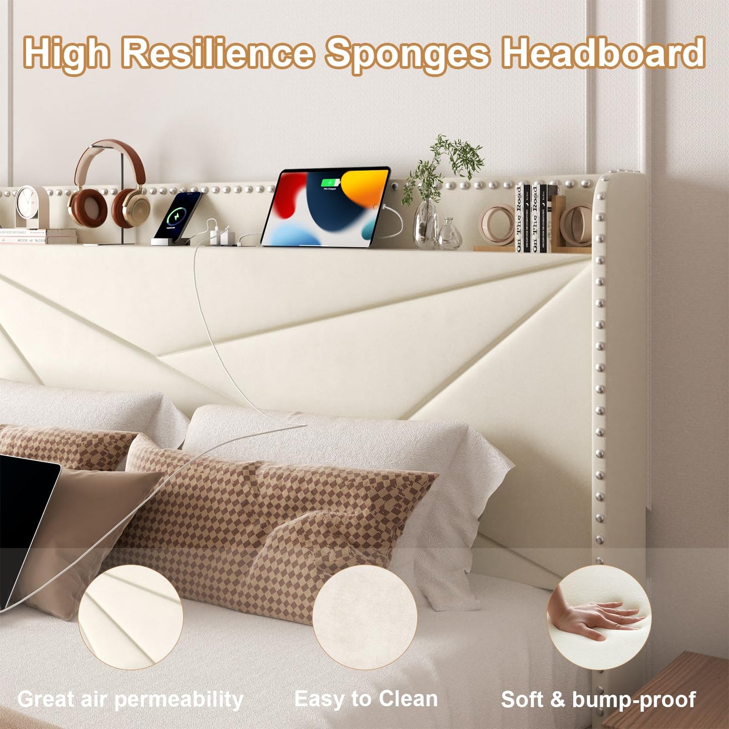 viplov King Size Bed Frame with 2 Large Drawers, Storage Headboard Built-in Charging Station, Modern Chic Rivet Design, Easy Assembly, No Box Spring Required, Noise-Free, Beige