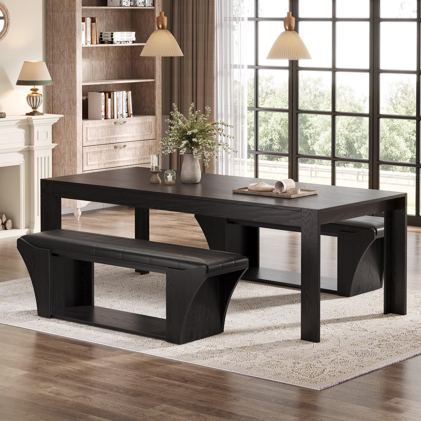 Tribesigns 59" Long Dining Room Bench for 2 to 3, Modern Black Kitchen Benches Upholstered Stools with Leather Padded Seat and Open Storage Shelf for Indoor Use