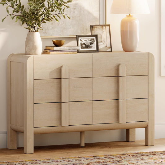 WAMPAT 6 Drawers Dresser for Bedroom, 47.2" Wide Mid Century Modern Chest of Drawers, Wooden Dressers TV Stand with Curved Profile Design, Storage Organizer for Bedroom, Closet, Hallway, Light Oak