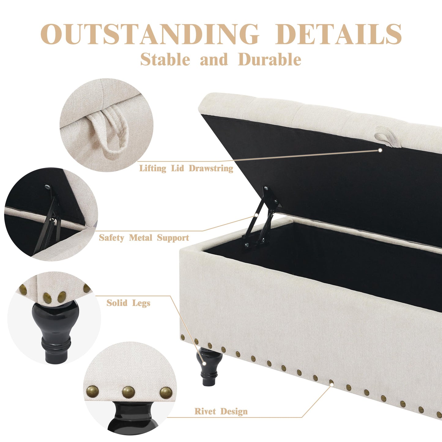 Mangodan51” Linen End of Bed Storage Bench, Tufetd Upholstered Storage Ottoman Bench with Safety Hinge, 330 lb Large Ottoman with Storages for Living Room, Entryway & Bedroom, Window Benches, Beige