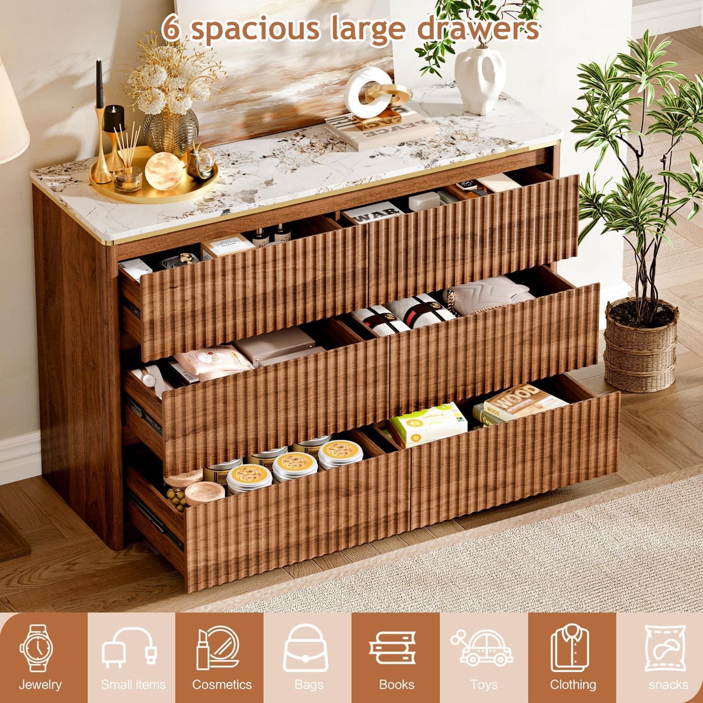 Ieejdn Fluted Dresser for Bedroom with 6 Drawers, 47.2" Modern Chest of Drawers with Faux Marble Top, Curved Profile Design,Dresser TV Stand, Wood Drawer Organizer for Living Room, Hallway, Walnut