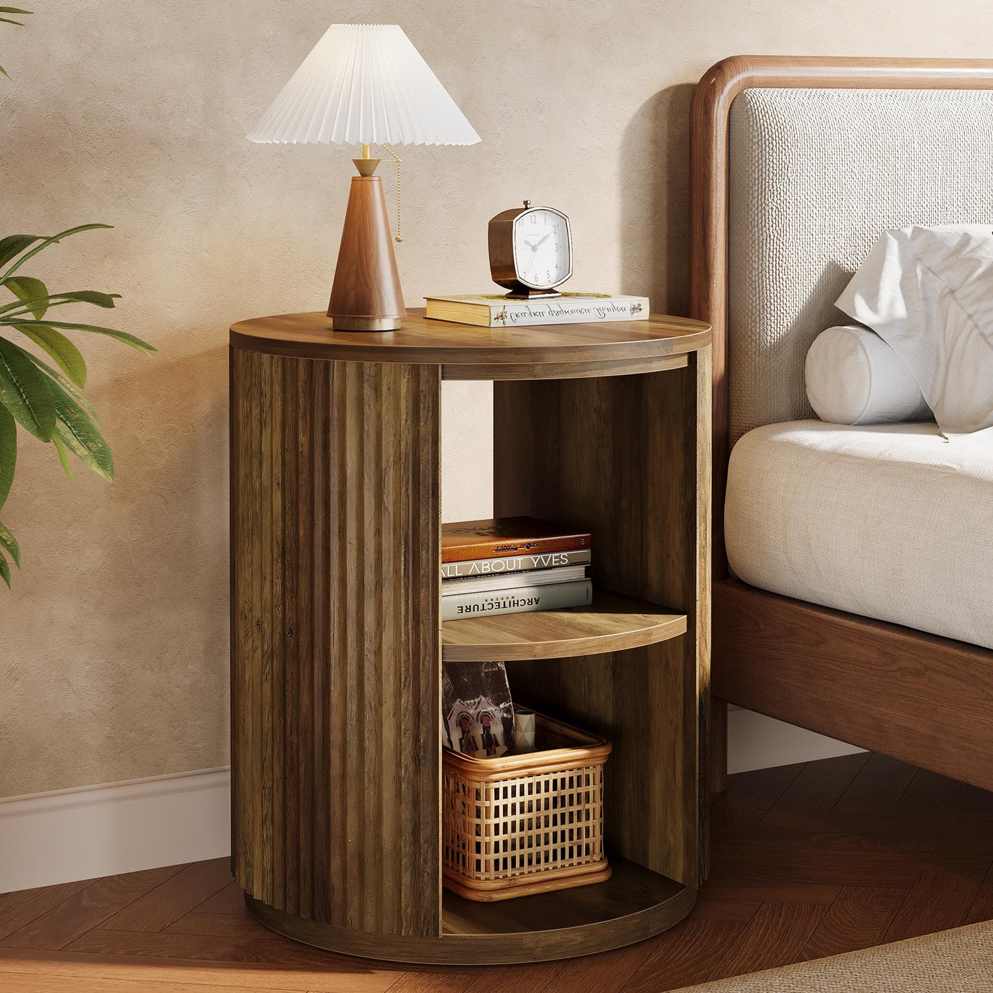 Tribesigns Round Fluted End Table, Farmhouse Round Side Table with 3-Tier Storage Shelf, Circle Bedside Nightstand for Living Room, Bedroom, Small Spaces, Rustic Brown