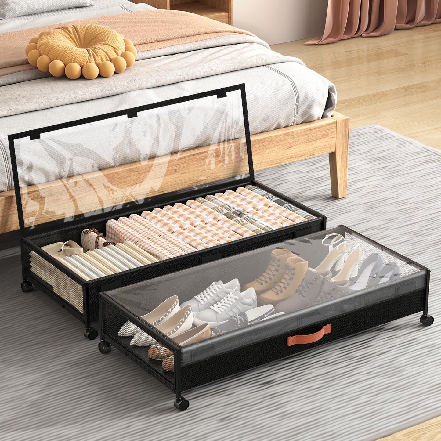 Under Bed Storage with Wheels, XXXL Larger Under Bed Storage Containers with Clear Lids, 36'' Lengthen Under Bed Shoe Organizer, Rolling for Shoes Clothes(Black 2 Pack, XXXL(36"x16.6"x7.48"))