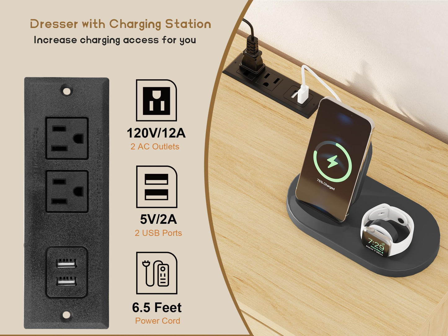 IDEALHOUSE 52.1" Rattan Bedroom Dresser, 6 Drawer Wood Dresser - Frame Feet, Charging Station, Large, Medium and Small Drawers, Natural