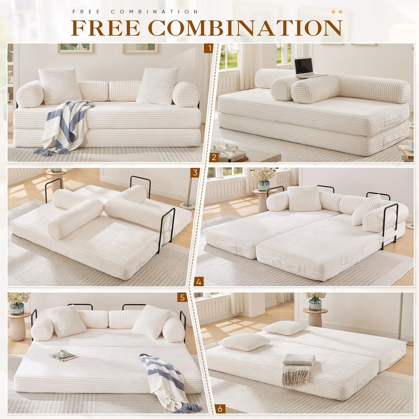 78.5"W Convertible Folding Sofa Bed, Corduroy Upholstered Queen Size Foam Floor Couch with Fixed-Shaped Frame, Loveseat Sleeper Compression Sofa Foldable Mattress for Living Room, Bedroom(Beige)