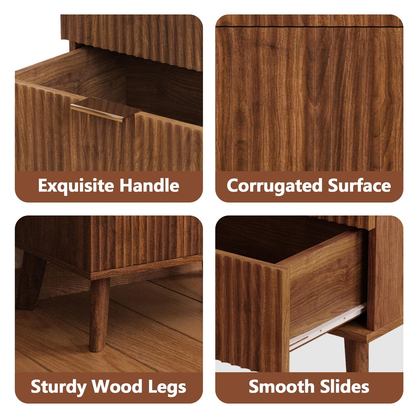 XUZENEST Fluted 3 Drawer Dressers, Modern Closet Dressers Chest of Drawers, Wood Storage Dresser Chest of Drawers Organizer for Bedroom Living Room Hallway Closet, Walnut, 2 Sets