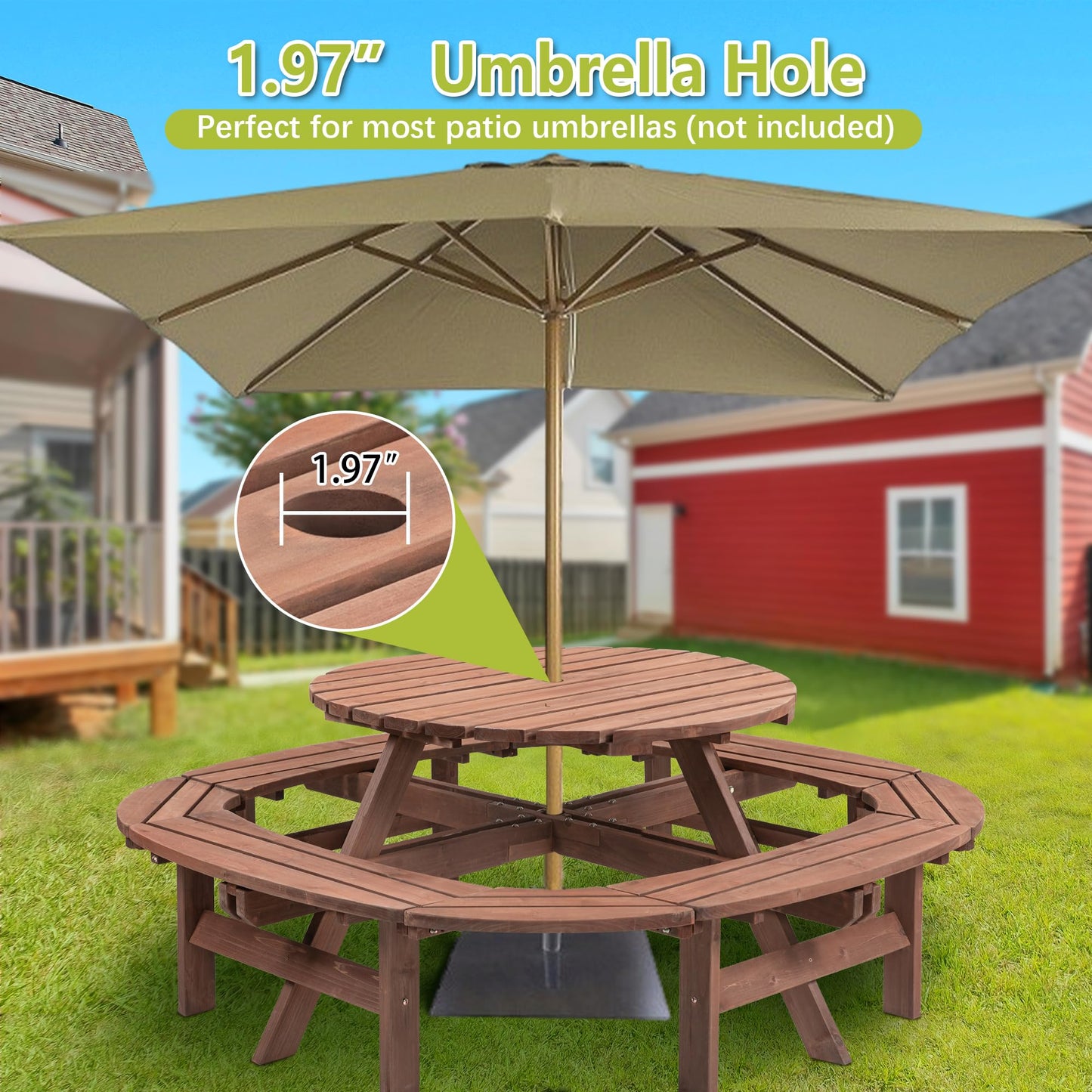 RocVanc 8-12 Person Outdoor Round Wooden Picnic Table with 8 Built-in Benches, Umbrella Hole, Lifetime Outside Table and Bench Set for Garden, Backyard, Porch, Patio and Deck