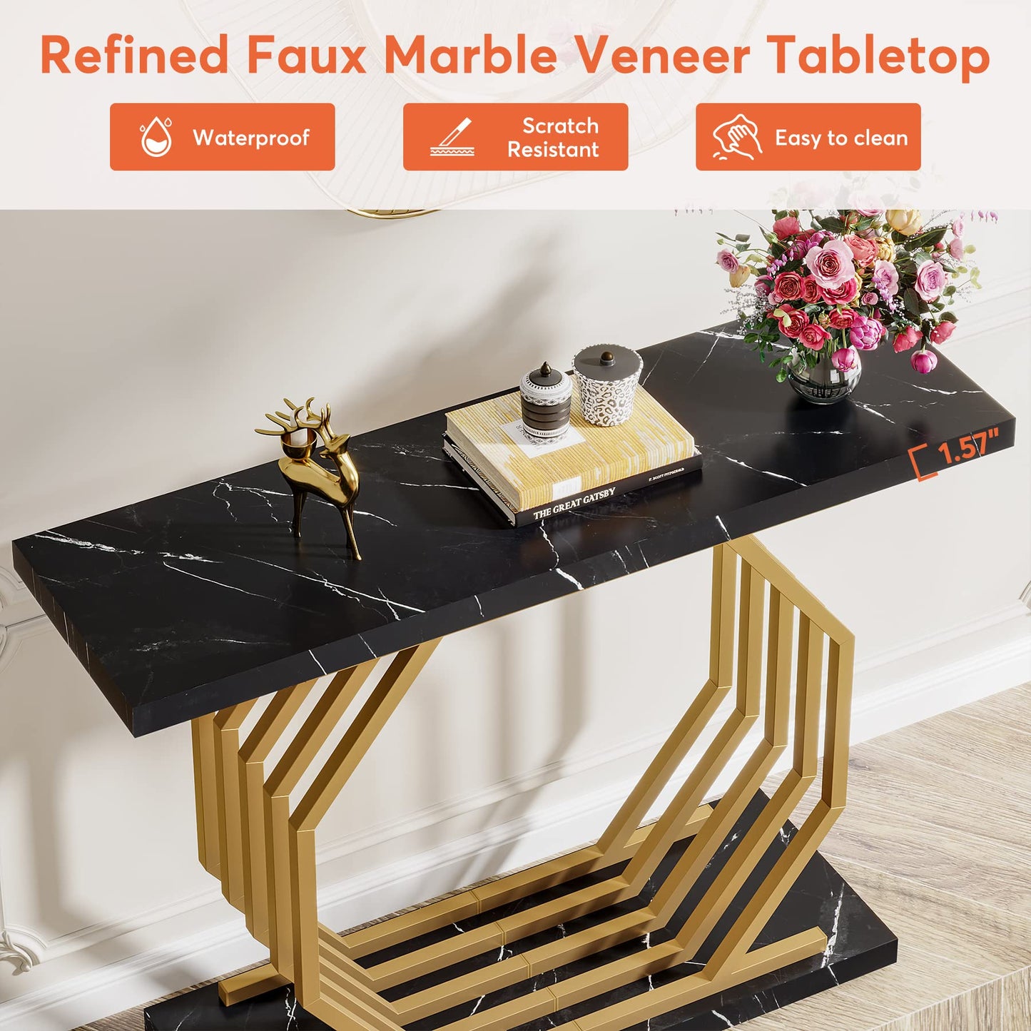Tribesigns Gold Console Table, Faux Marble Entryway Table Narrow Sofa Table with Geometric Metal Base, 40 Inch Modern Accent Table Entrance Table for Living Room, Hallway, Foyer, Black
