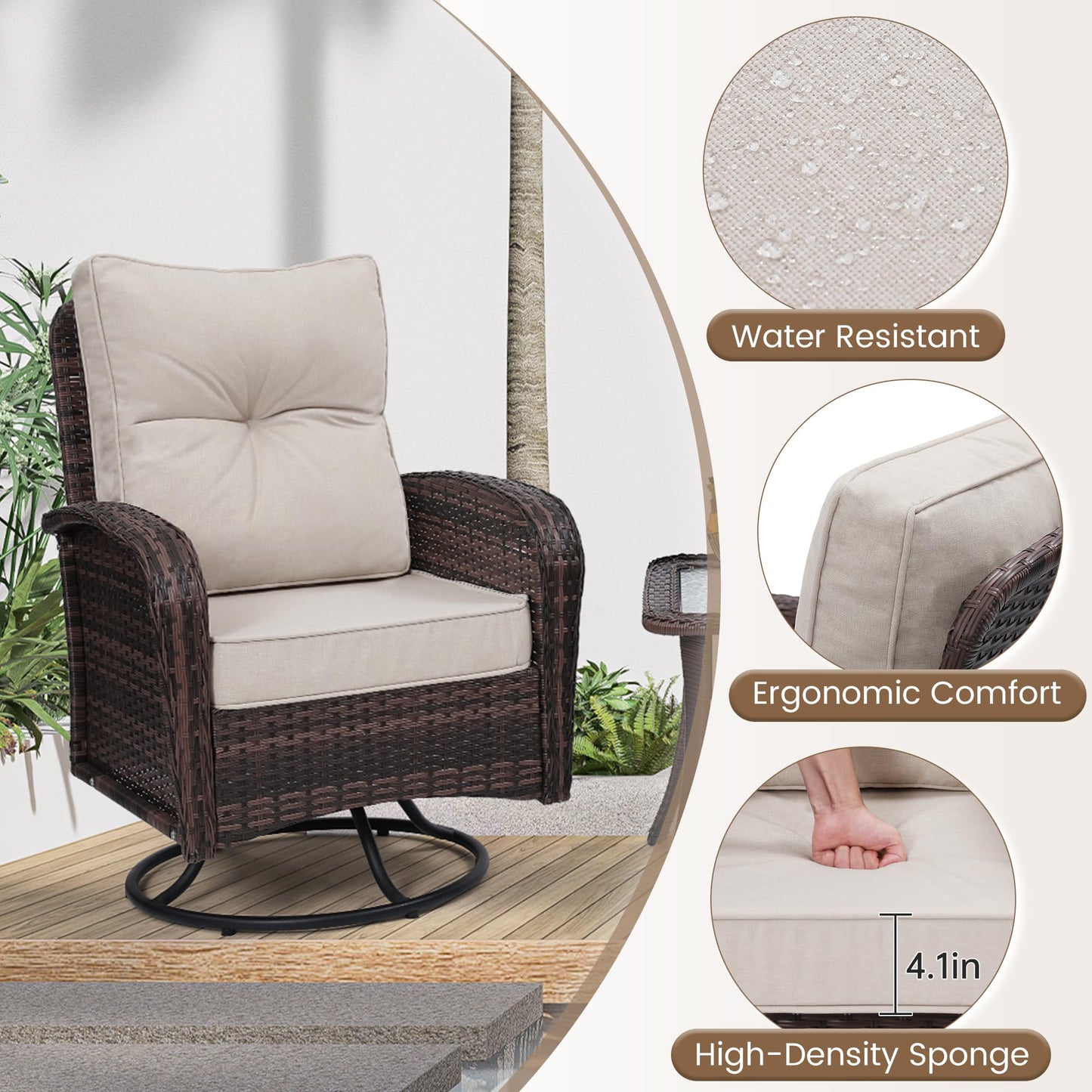 wildformers 2 Luxury Outdoor Swivel Wicker Glider Patio Chairs with Table Set, Overstuffed Washable Cushions, Ideal for Porch, Balcony, Deck, Brown Rattan and Beige Cushions