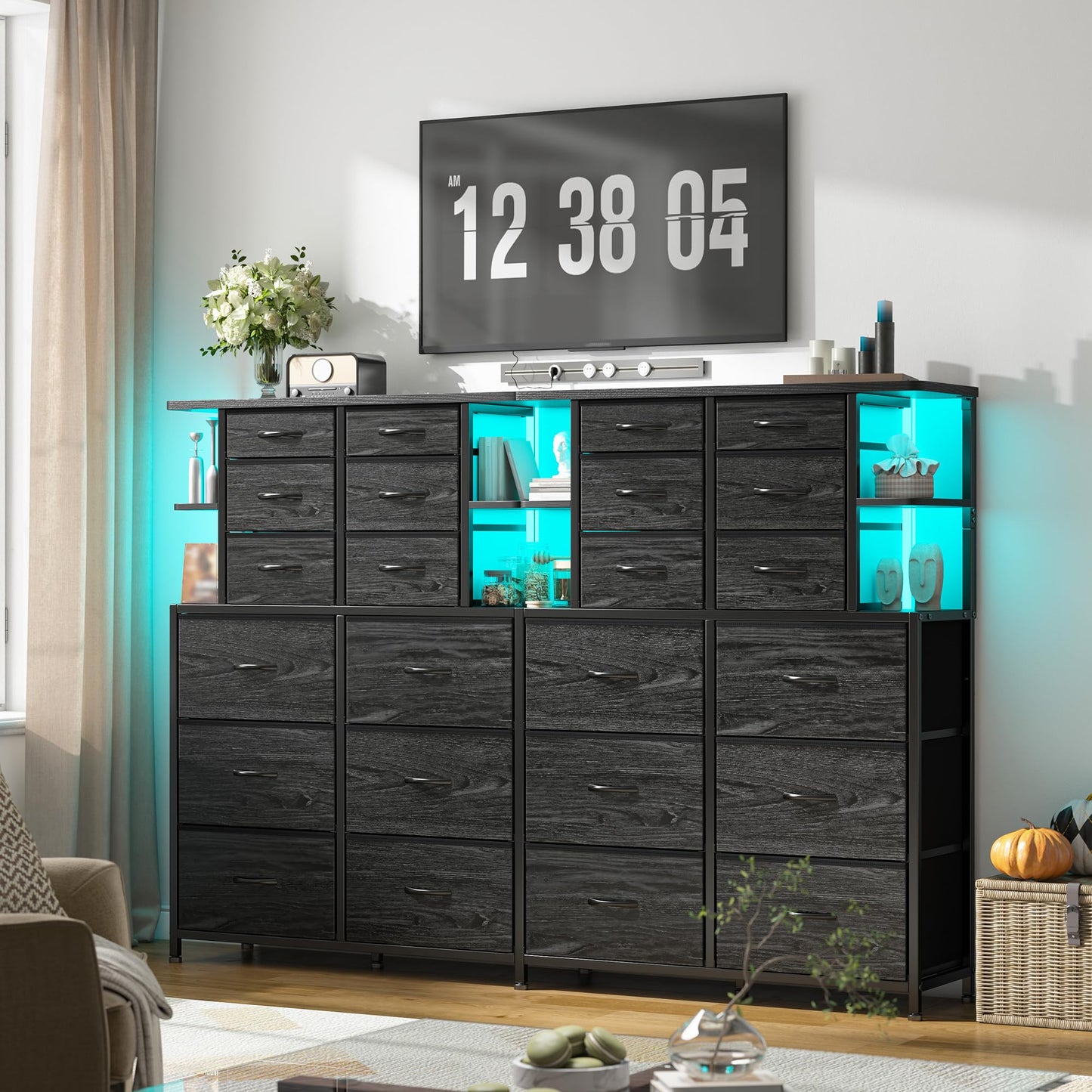 EnHomee Tall Dressers for Bedroom with LED Lights and 12 Drawers Dresser for Bedroom with Open Shelves, Fabric Dressers & Chests of Drawers, Metal Frame, Black, 45.2" H x 35.4" W x 11.8" D