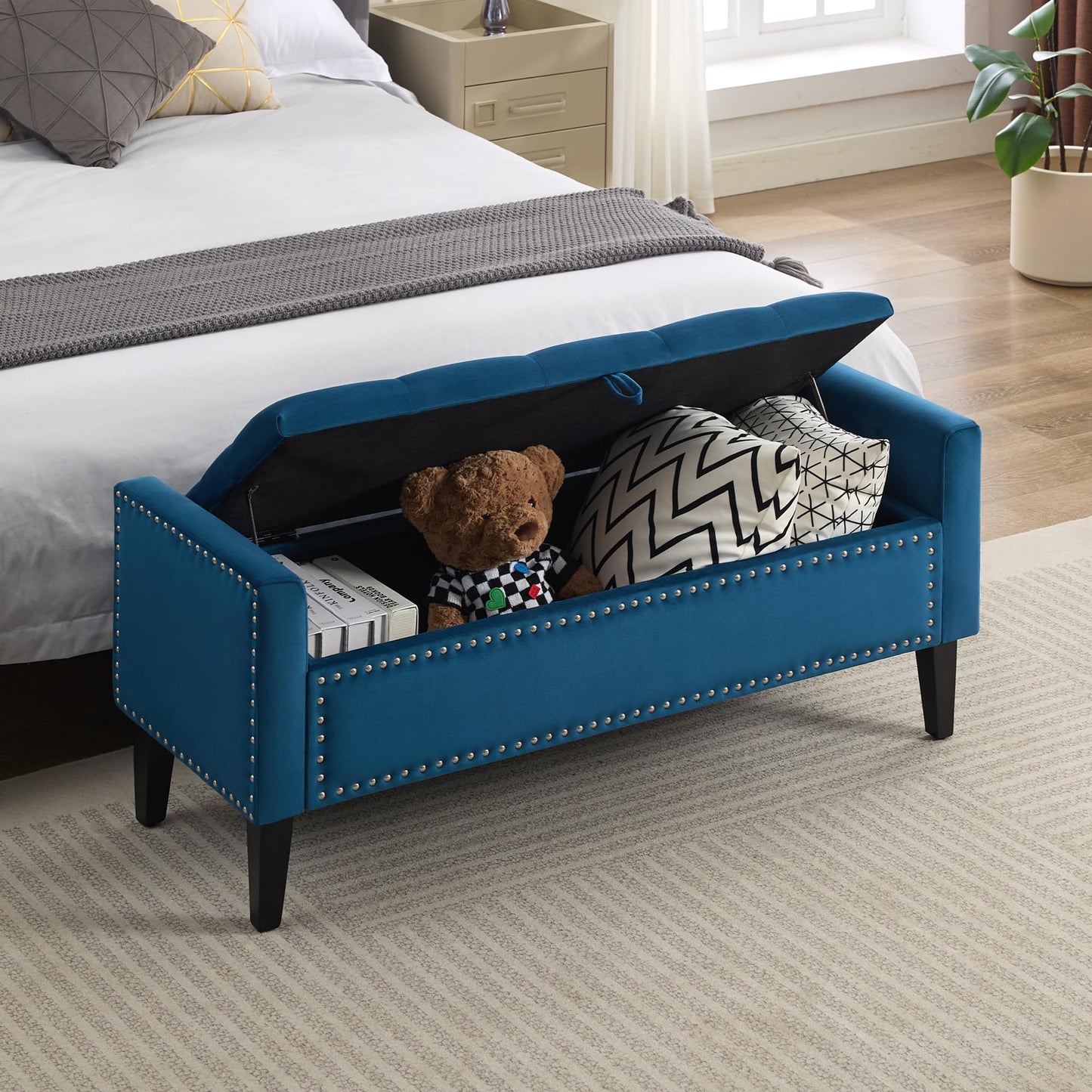 WUTUTUEE 47" Velvet Storage Bench, Upholstered Bed Bench with Storage, End of Bed Ottoman with Wooden Legs,Bedside Storage Bench for Bedroom, Living Room, or Entryway, Blue