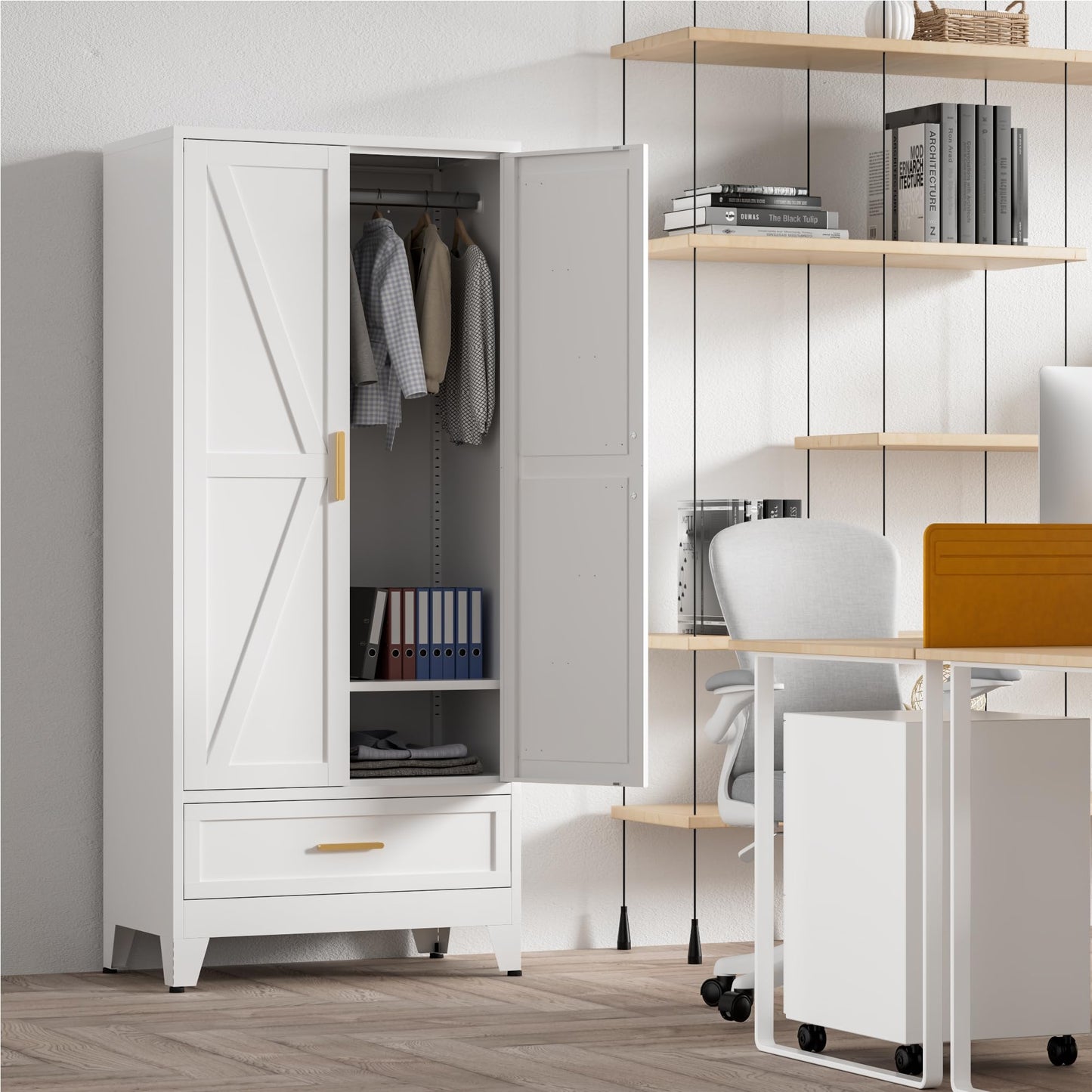 Washsemba 71'' Farmhouse Metal Wardrobe Cabinet with Hanging Rod, 2 Barn Door Wardrobe Closet with Adjustable Shelves,Drawer,for Dining Room,Bedroom,Living Room, Cloak Room,Office (White)