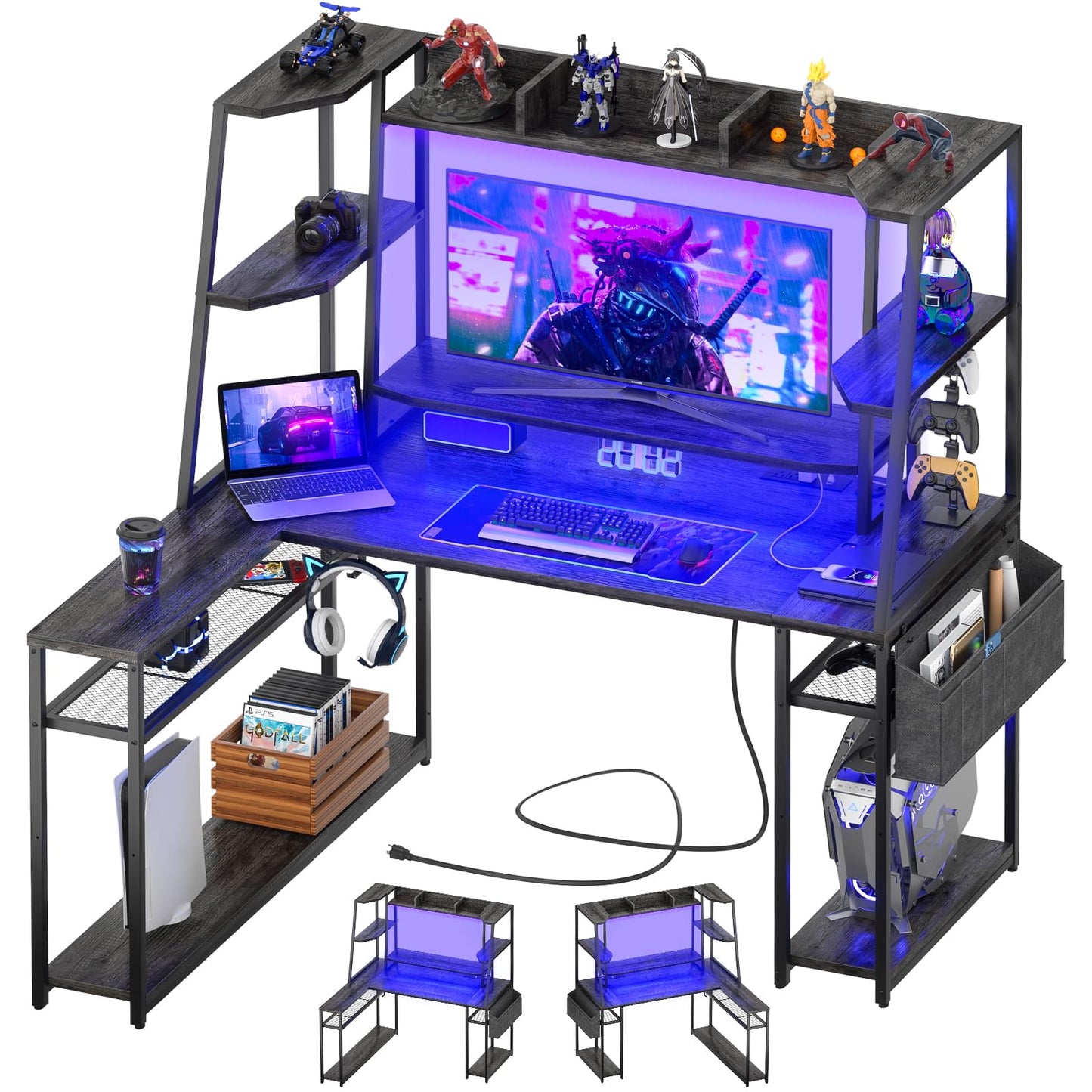 armocity L Shaped Gaming Desk with Hutch & Shelves, 47'' Gaming Computer Desk with LED Lights & Outlets, PC Gaming Desk with Storage & Monitor Stand, Grey Oak