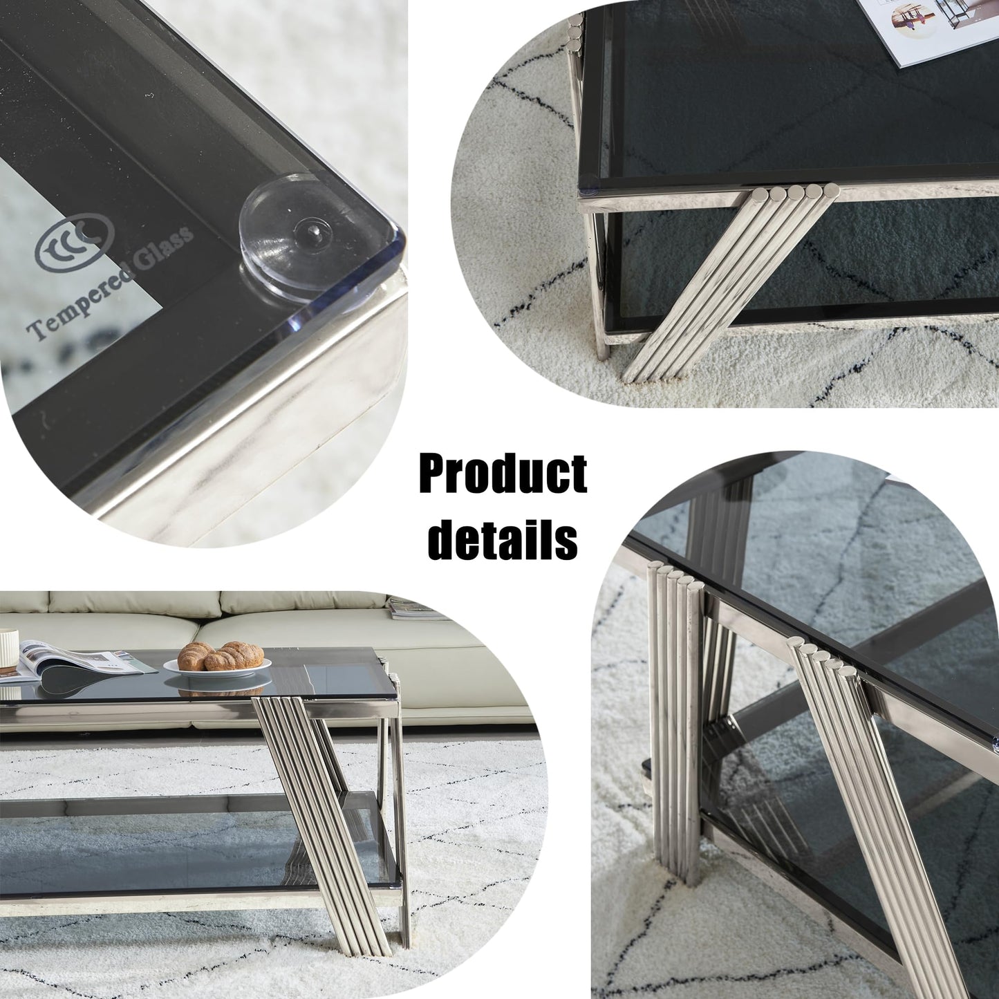 47" Modern Coffee Table, Double-Layer Black Tempered Glass Table Top with Stainless Steel Frame, Center Table with Storage, for Living Room Home Office, Silver