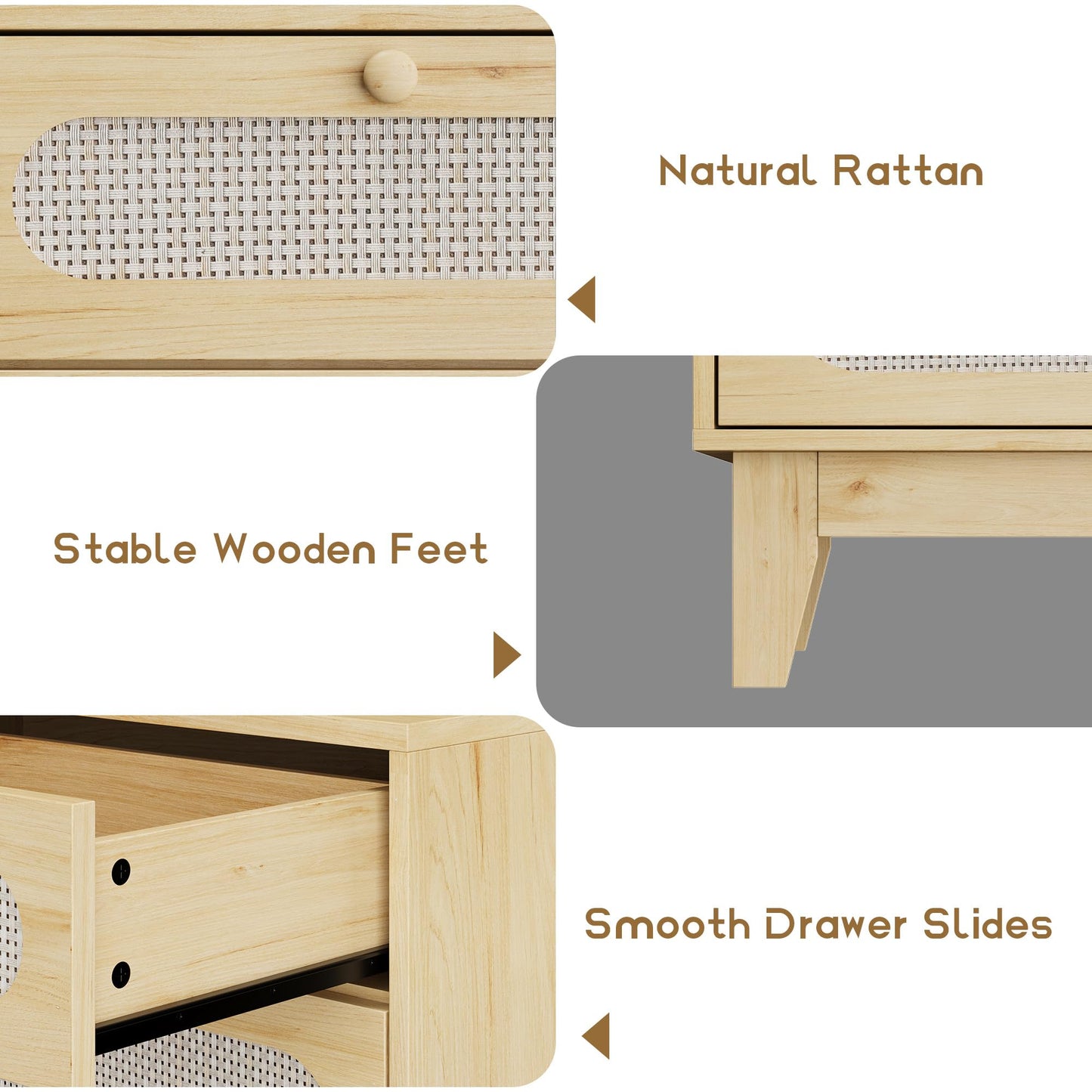 IDEALHOUSE 52.1" Rattan Bedroom Dresser, 6 Drawer Wood Dresser - Frame Feet, Charging Station, Large, Medium and Small Drawers, Natural